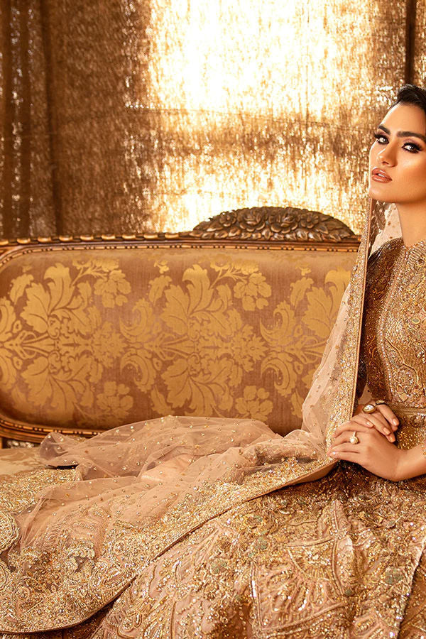 Pakistani Antique Gold Zardozi Silk Bridal Gown (2-Piece) - Image 5