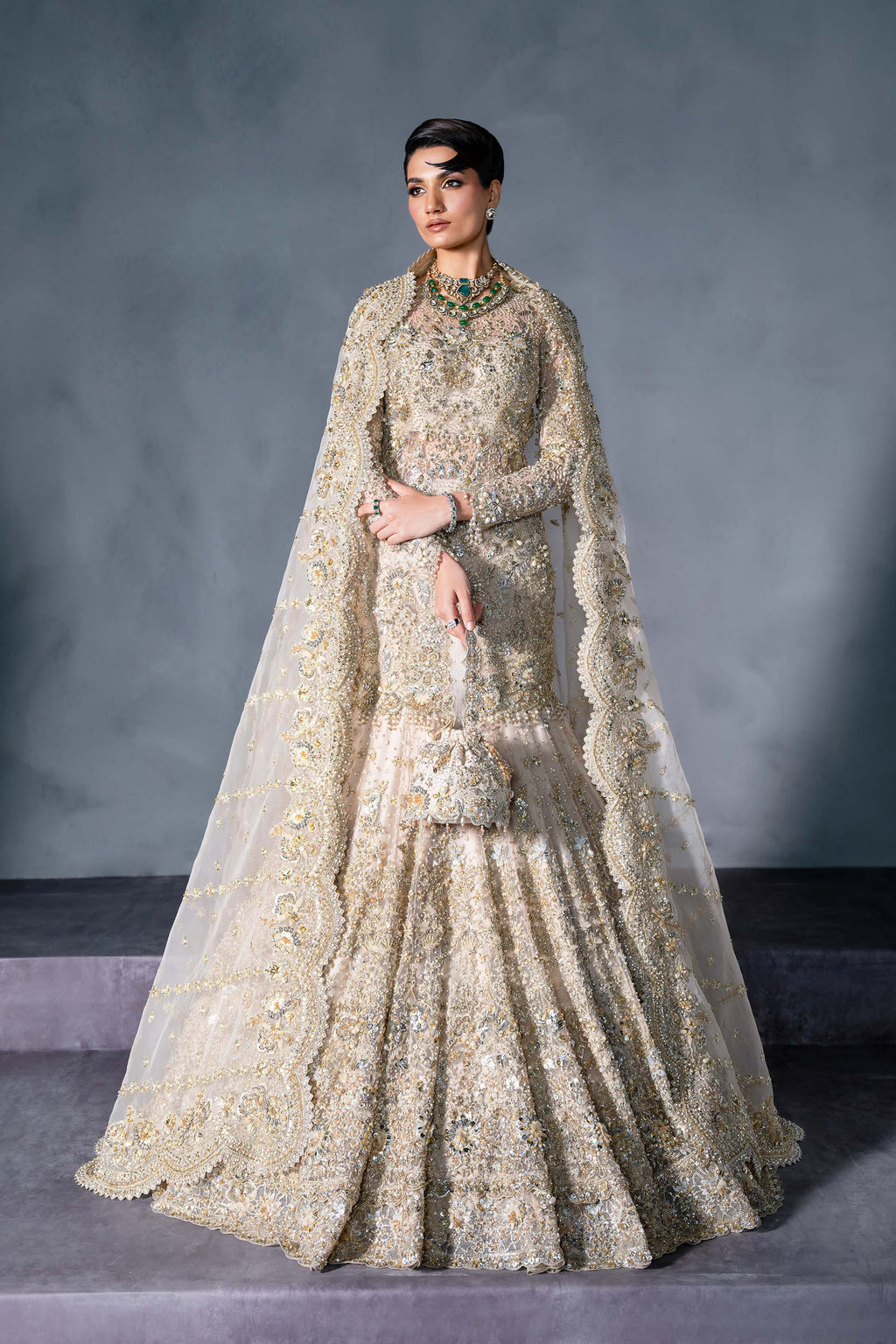 Gold Embellished Silk Bridal Gown (2-Piece) - Image 1
