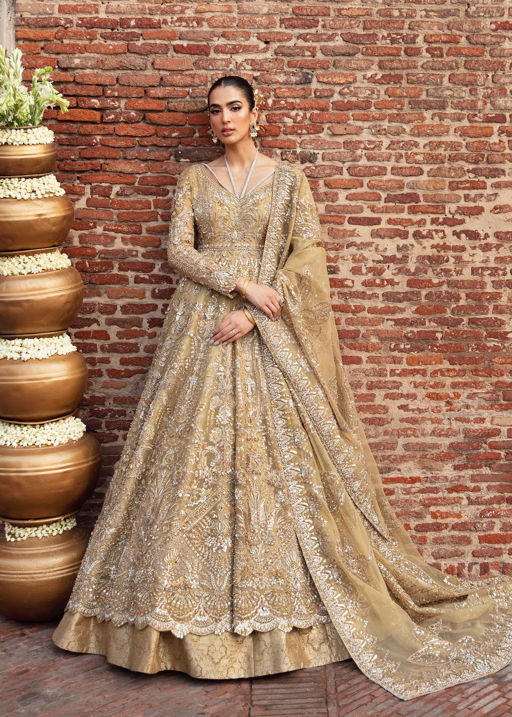 Pakistani Gold Hand-Embellished Net Silk Bridal Gown (2-Piece) - Image 1