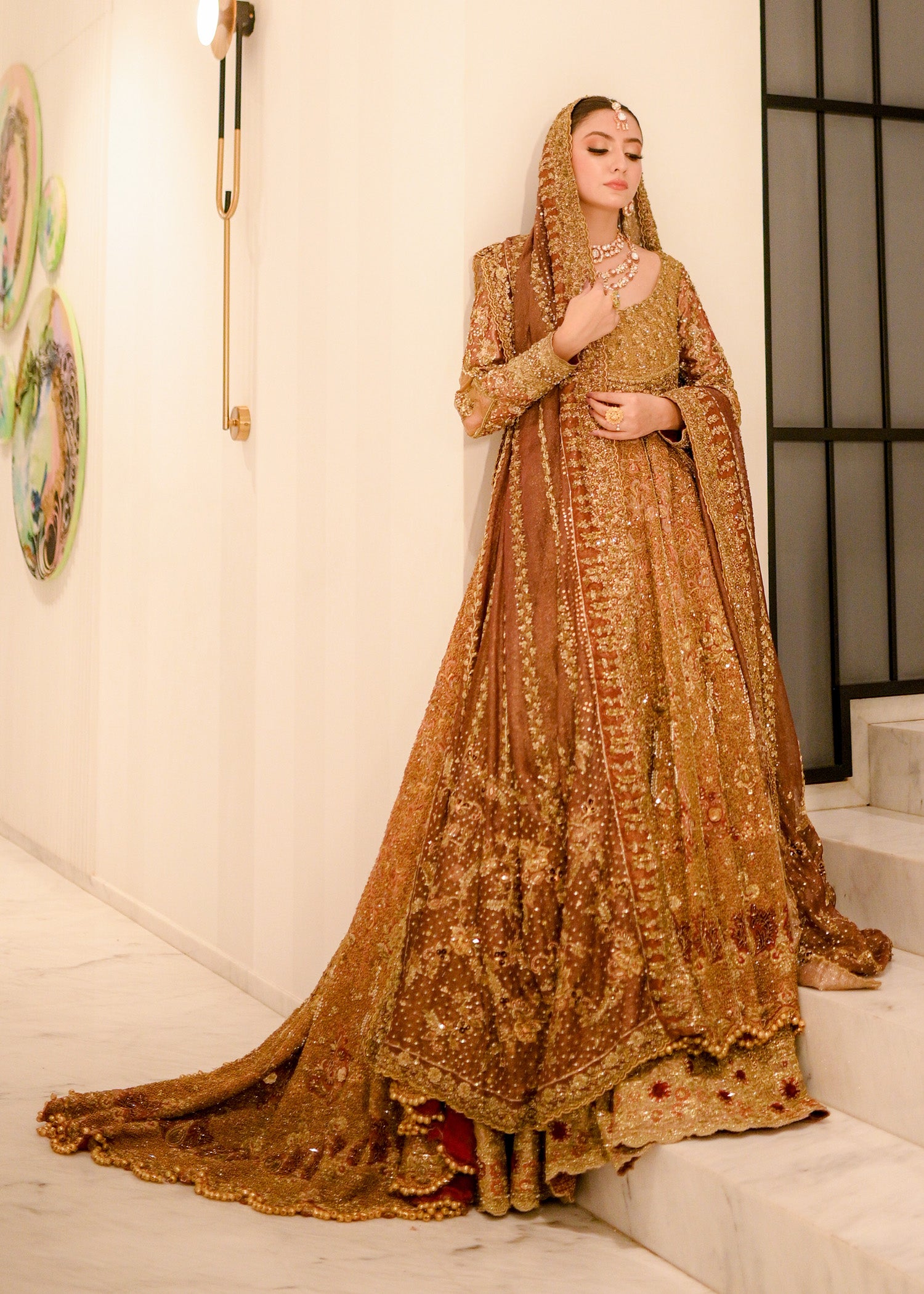 Pakistani Antique Gold Embellished Net Silk Bridal Gown (2-Piece) - Image 1