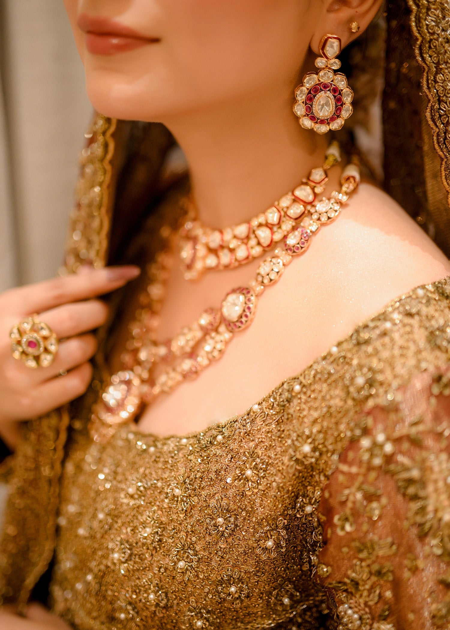 Pakistani Antique Gold Embellished Net Silk Bridal Gown (2-Piece) - Image 10