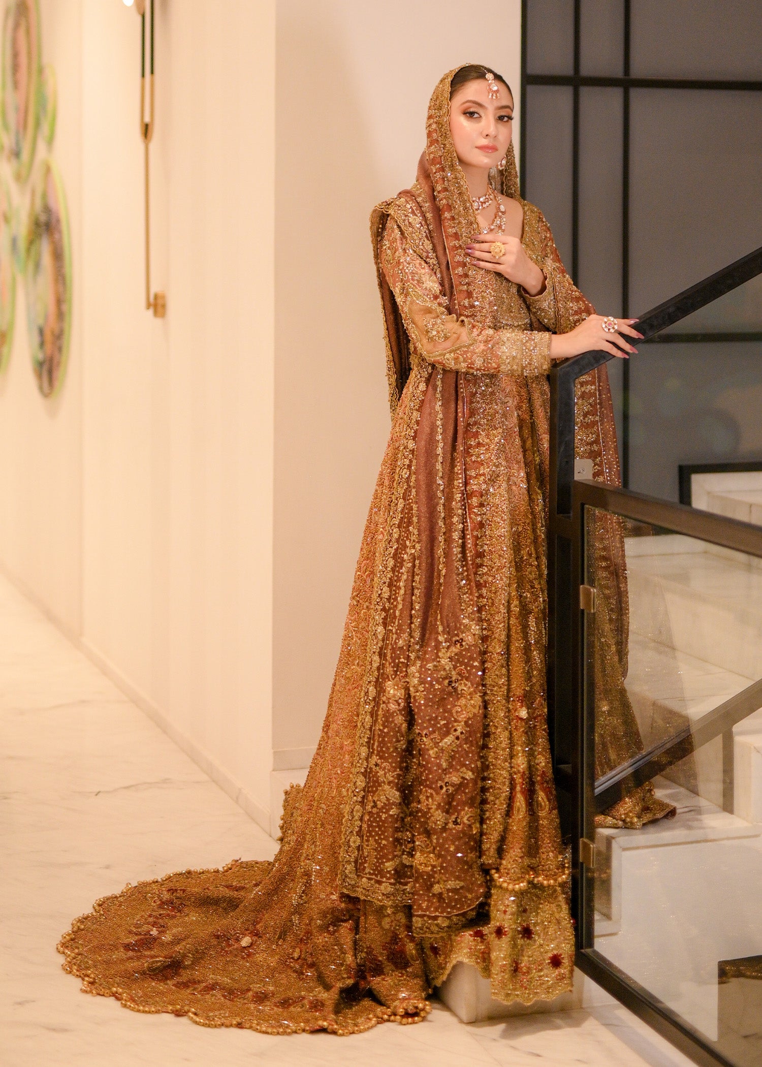 Pakistani Antique Gold Embellished Net Silk Bridal Gown (2-Piece) - Image 2