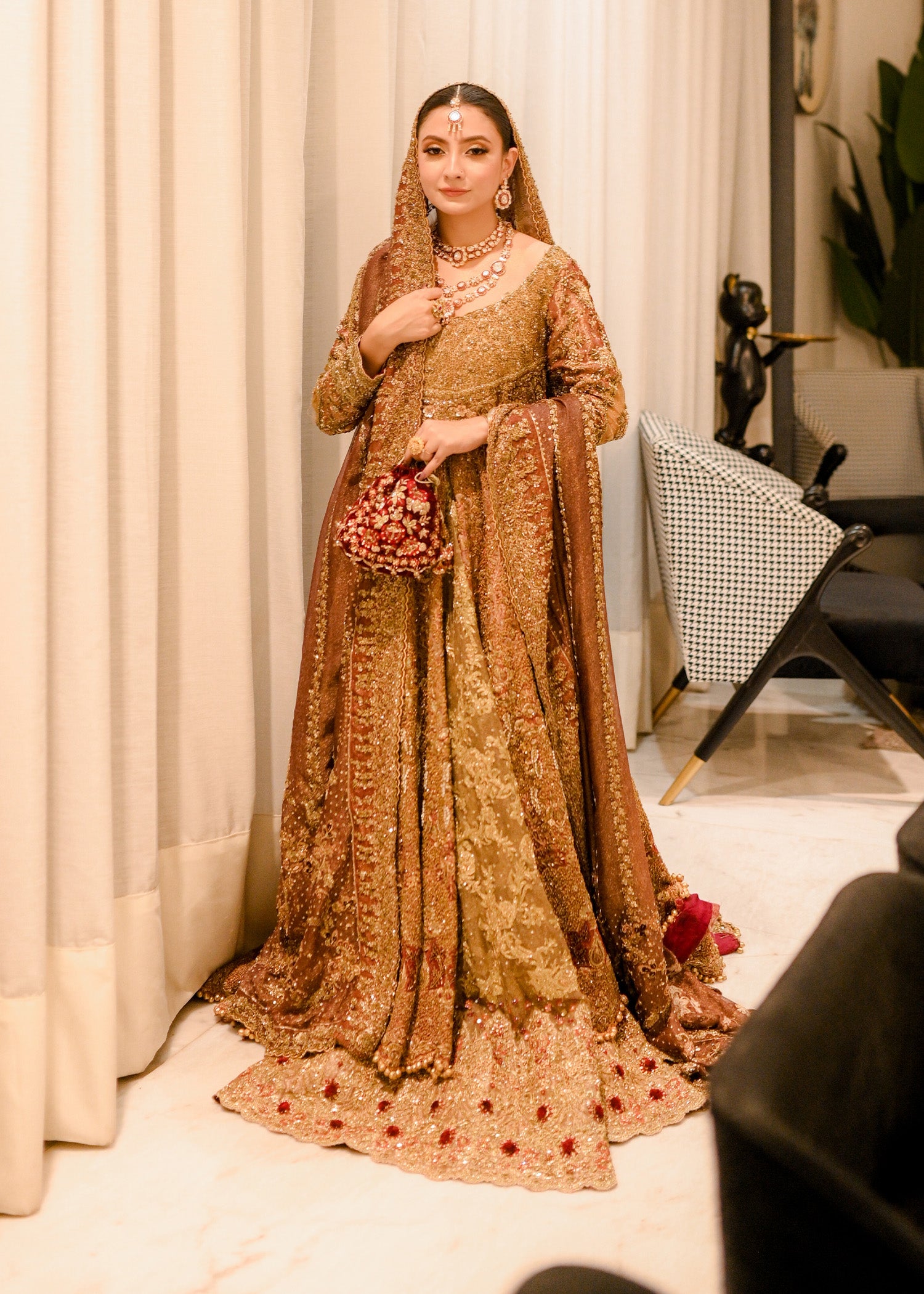 Pakistani Antique Gold Embellished Net Silk Bridal Gown (2-Piece) - Image 3