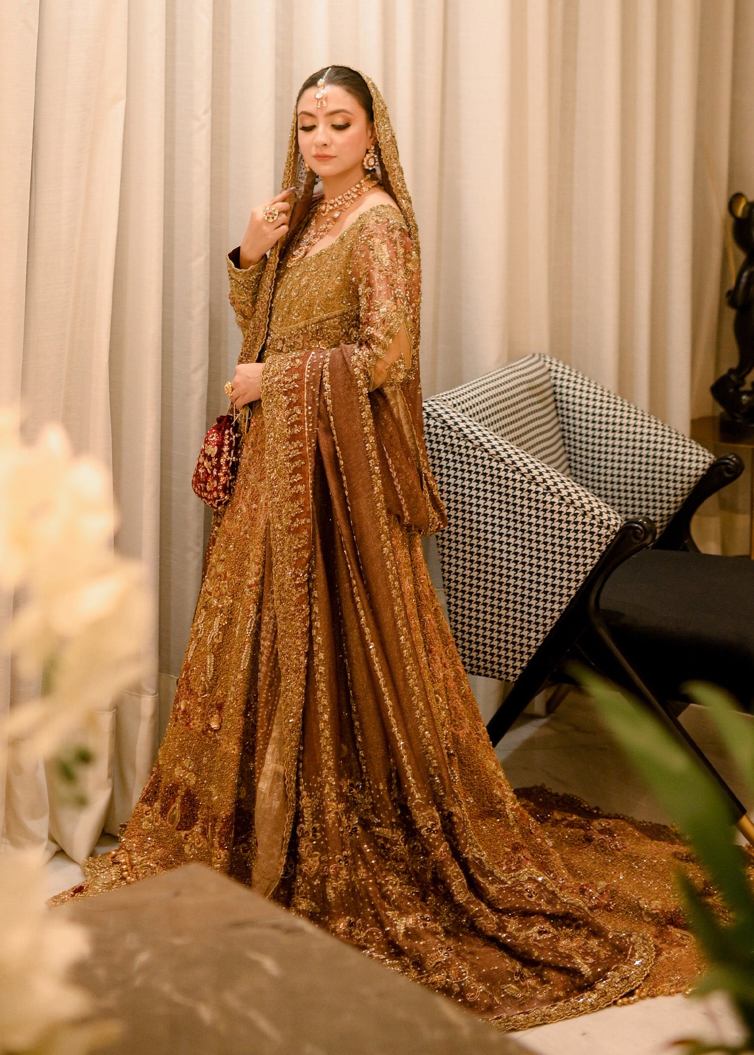 Pakistani Antique Gold Embellished Net Silk Bridal Gown (2-Piece) - Image 4