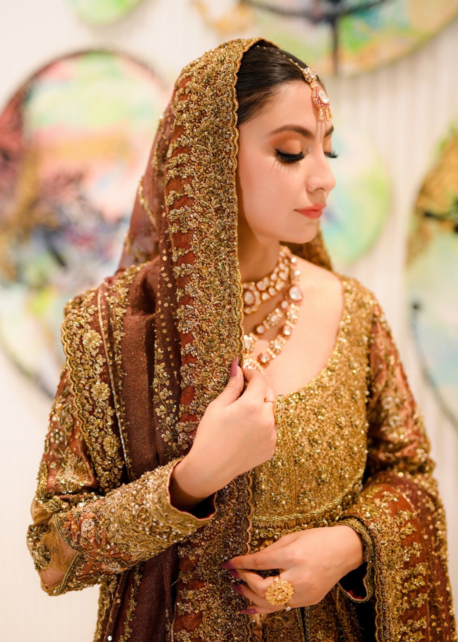 Pakistani Antique Gold Embellished Net Silk Bridal Gown (2-Piece) - Image 5