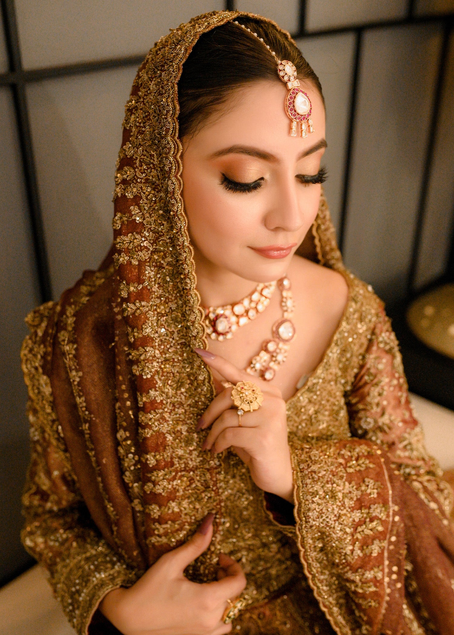 Pakistani Antique Gold Embellished Net Silk Bridal Gown (2-Piece) - Image 6