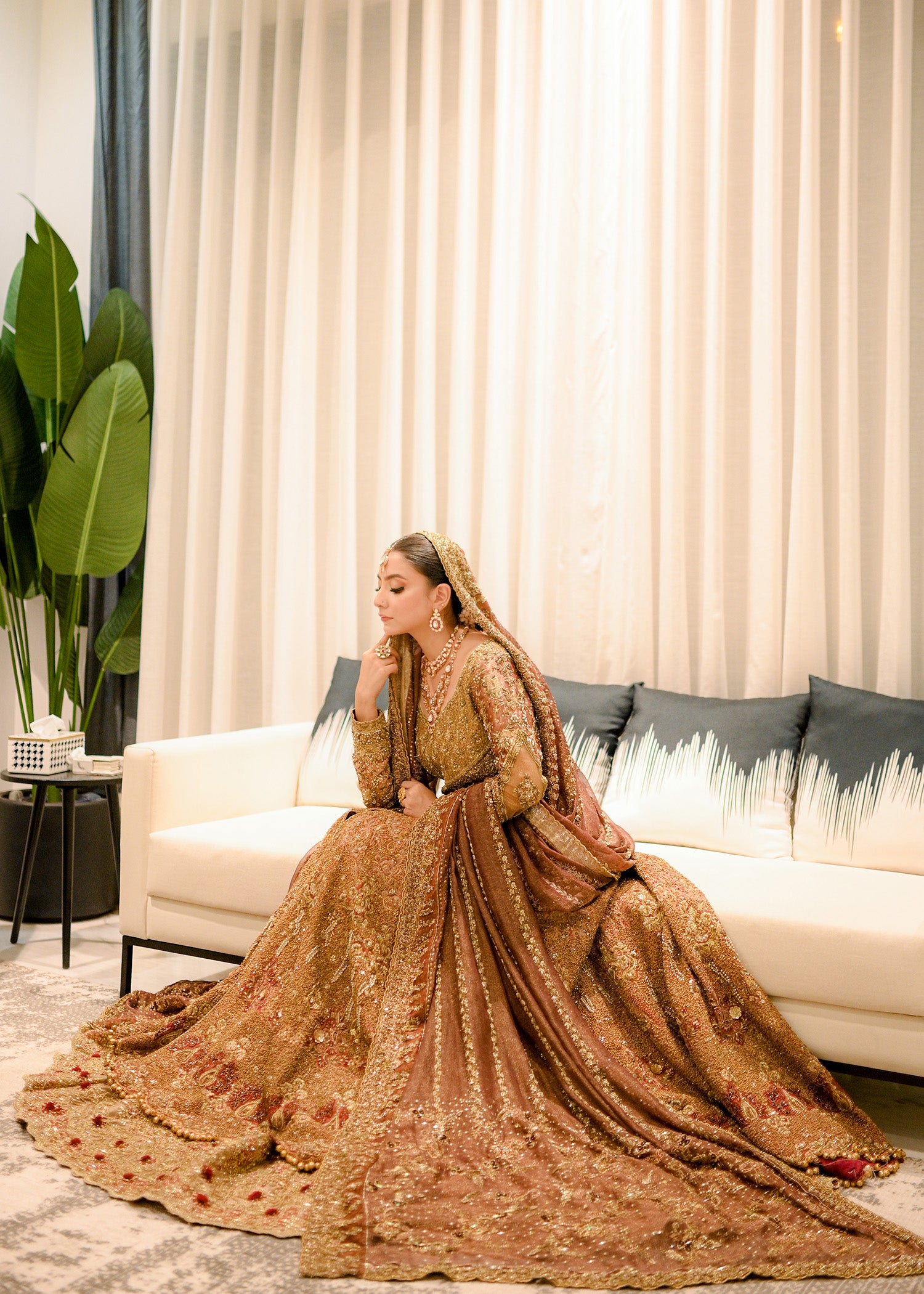 Pakistani Antique Gold Embellished Net Silk Bridal Gown (2-Piece) - Image 7