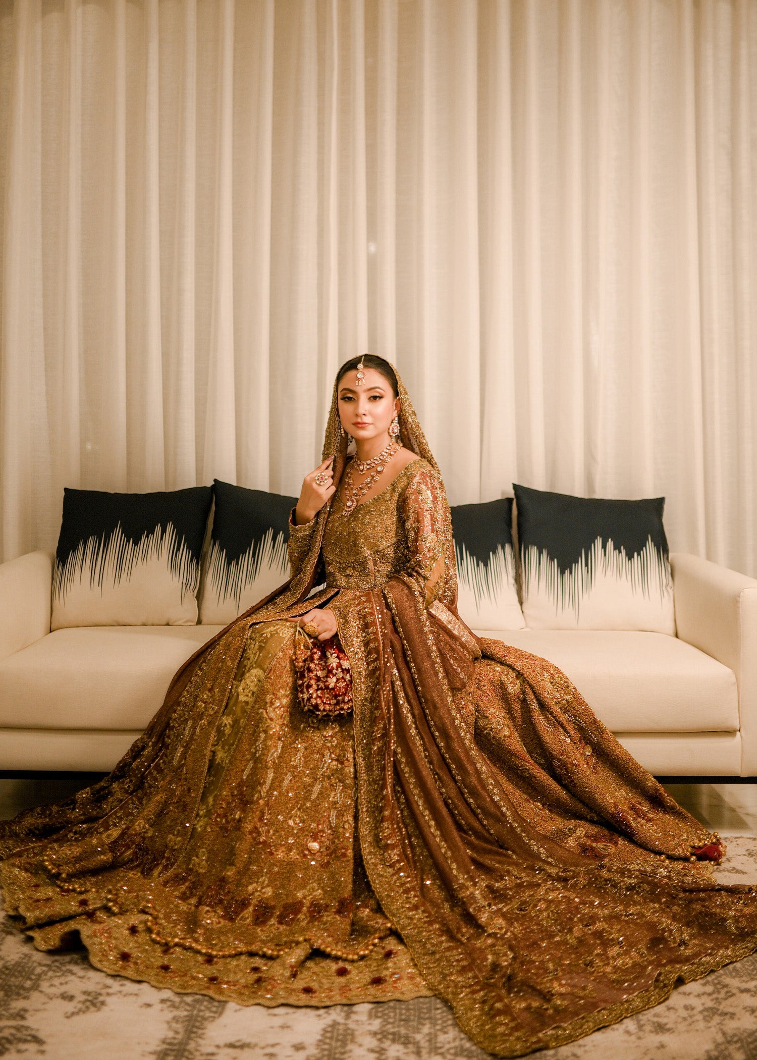 Pakistani Antique Gold Embellished Net Silk Bridal Gown (2-Piece) - Image 8