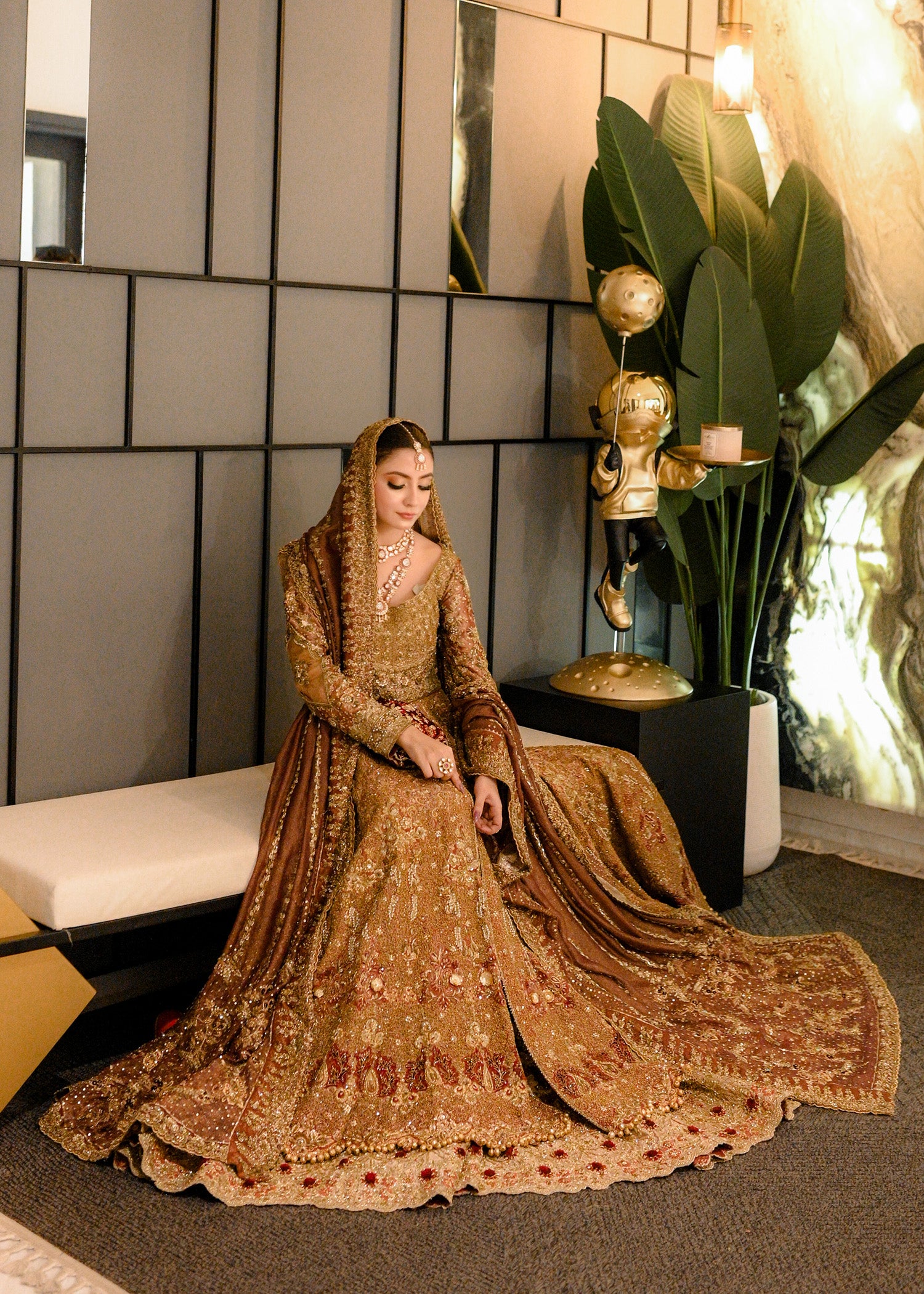 Pakistani Antique Gold Embellished Net Silk Bridal Gown (2-Piece) - Image 9