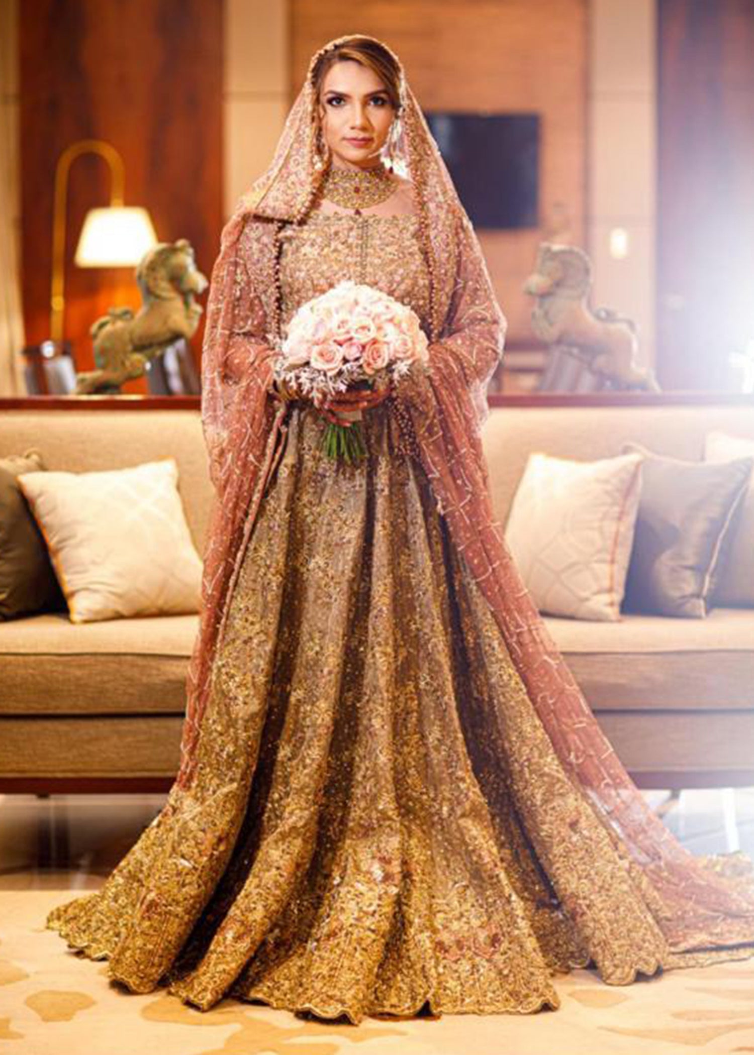 Pakistani Antique Gold Embellished Silk Bridal Gown (2-Piece) - Image 1