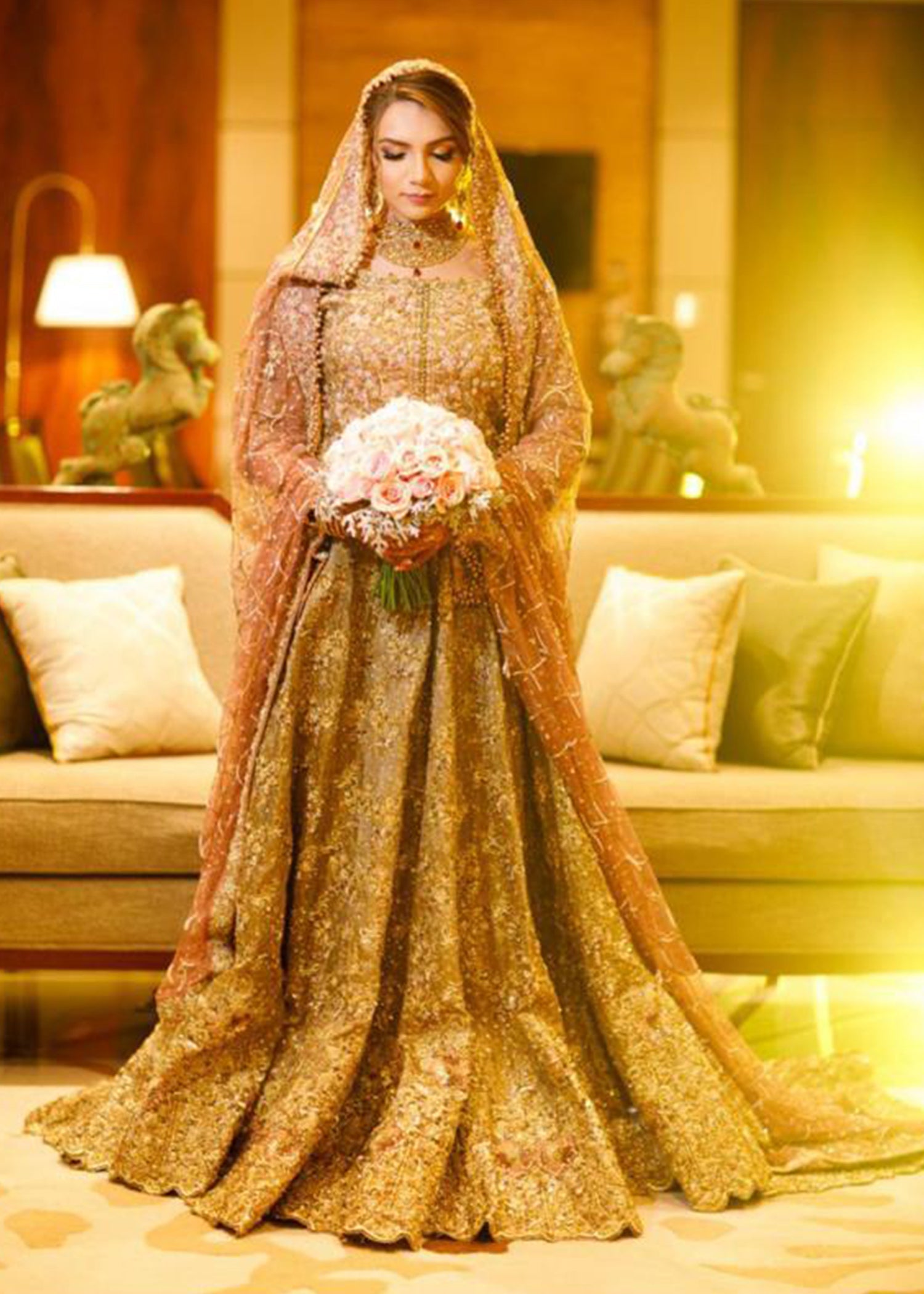 Pakistani Antique Gold Embellished Silk Bridal Gown (2-Piece) - Image 2