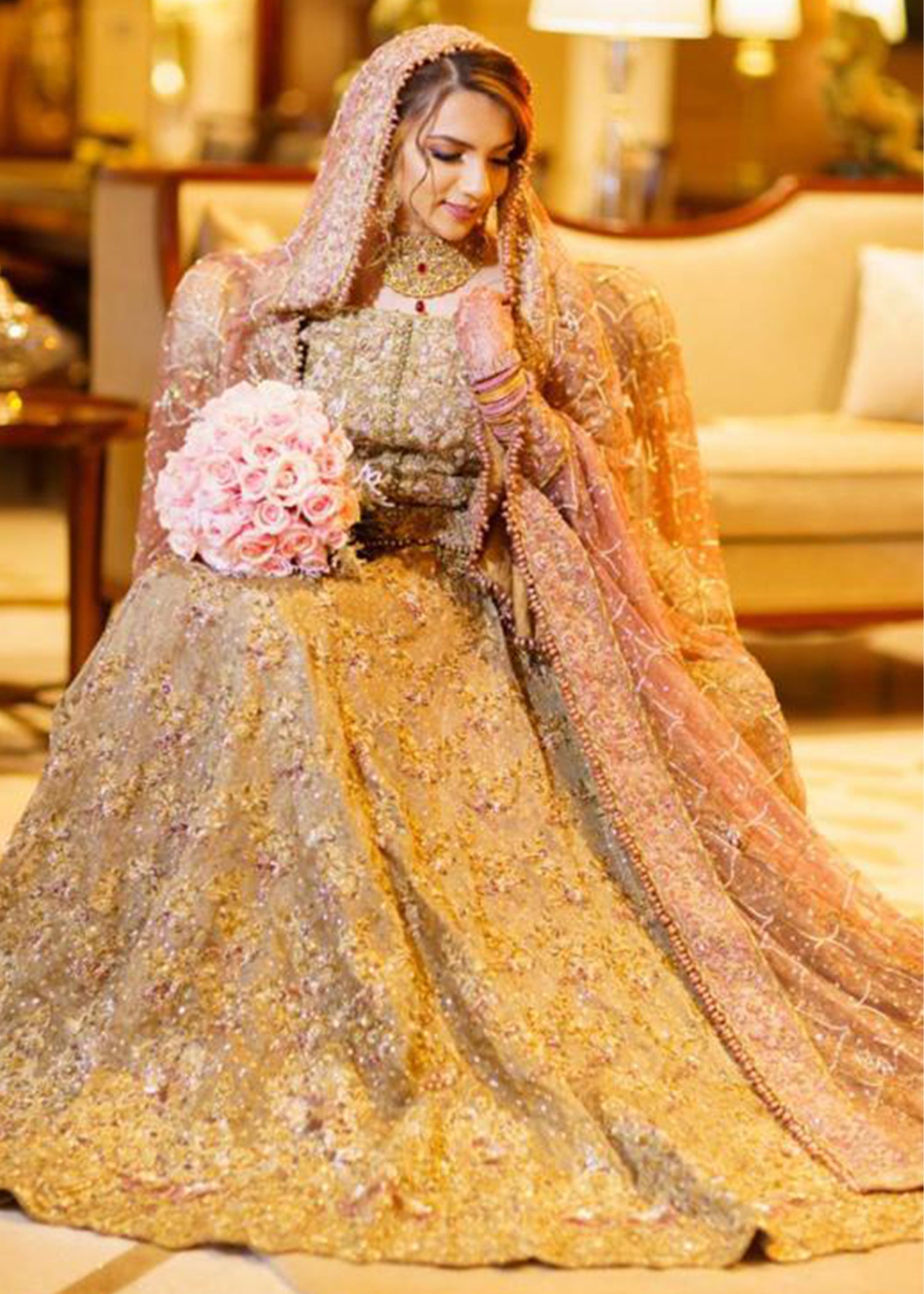 Pakistani Antique Gold Embellished Silk Bridal Gown (2-Piece) - Image 3