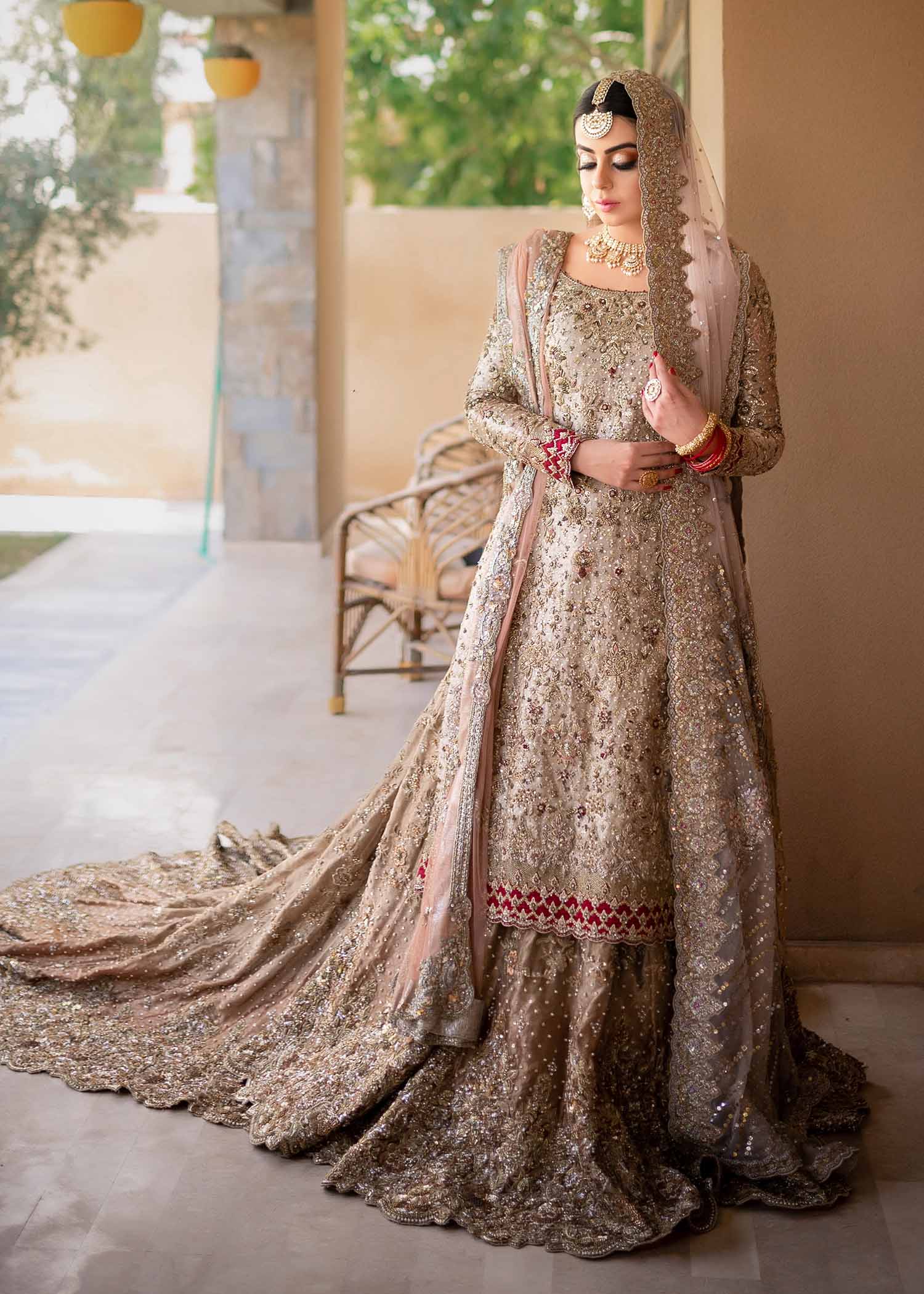 Pakistani Champagne Gold Embellished Net Bridal Gown (2-Piece) - Image 1