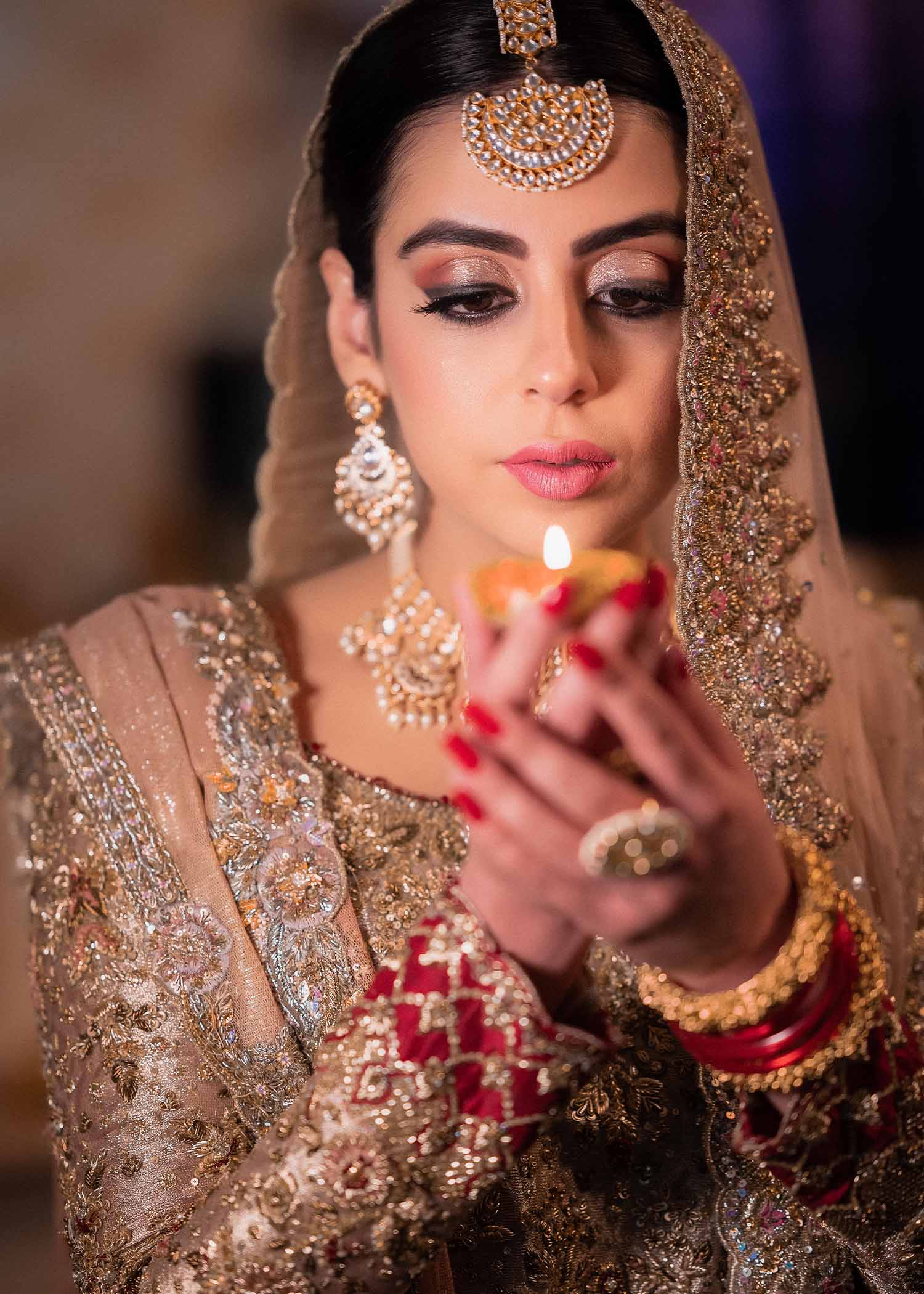 Pakistani Champagne Gold Embellished Net Bridal Gown (2-Piece) - Image 4