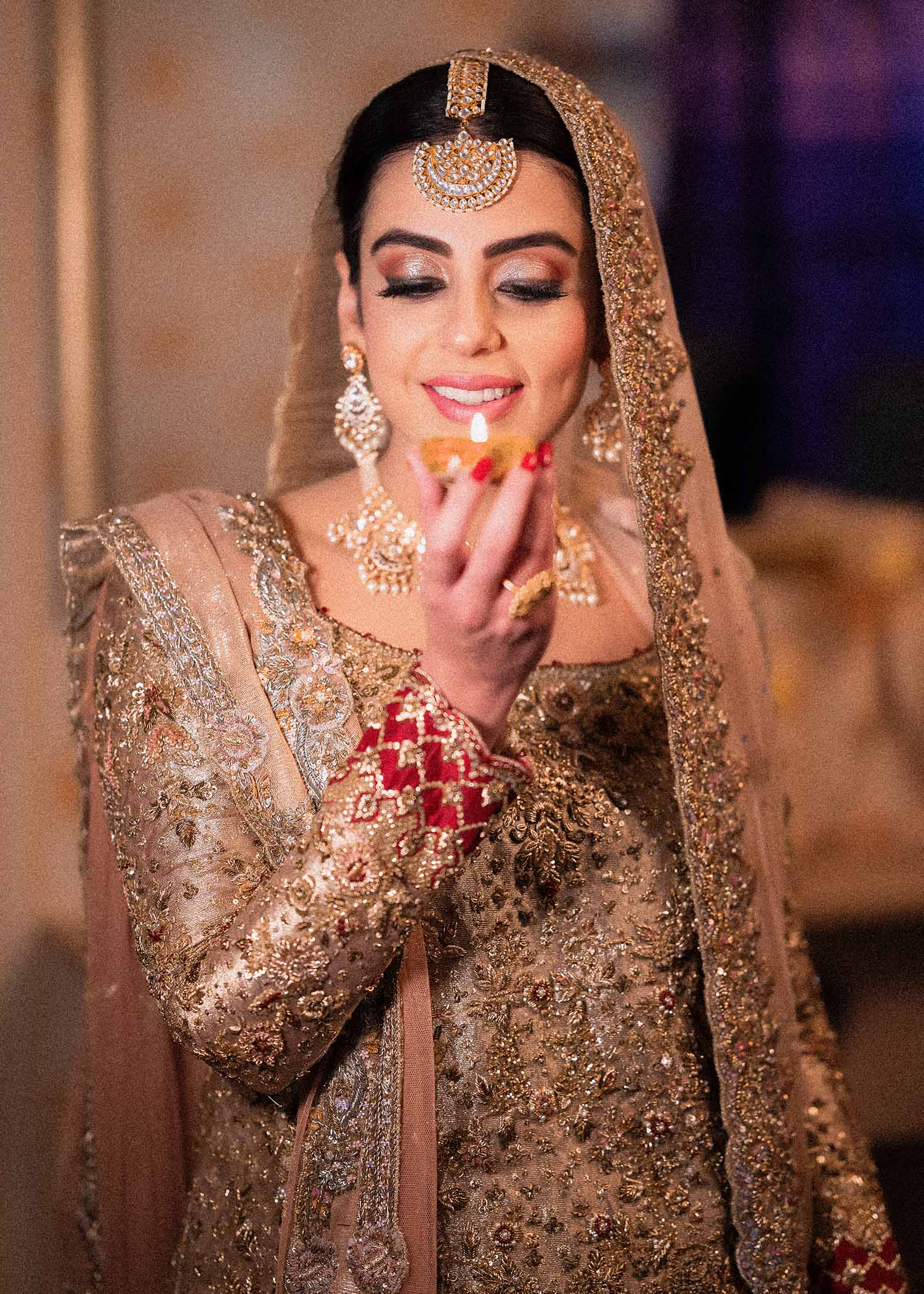 Pakistani Champagne Gold Embellished Net Bridal Gown (2-Piece) - Image 5