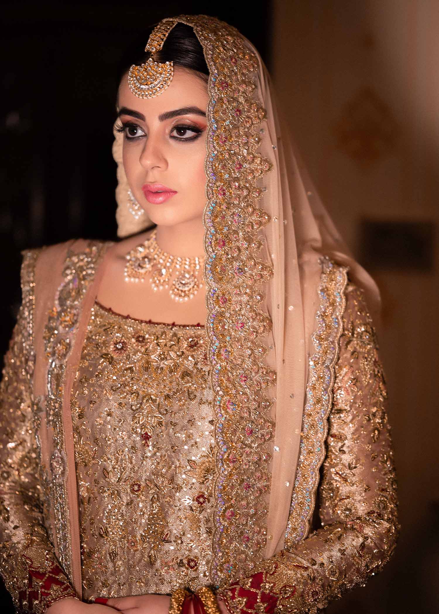 Pakistani Champagne Gold Embellished Net Bridal Gown (2-Piece) - Image 6
