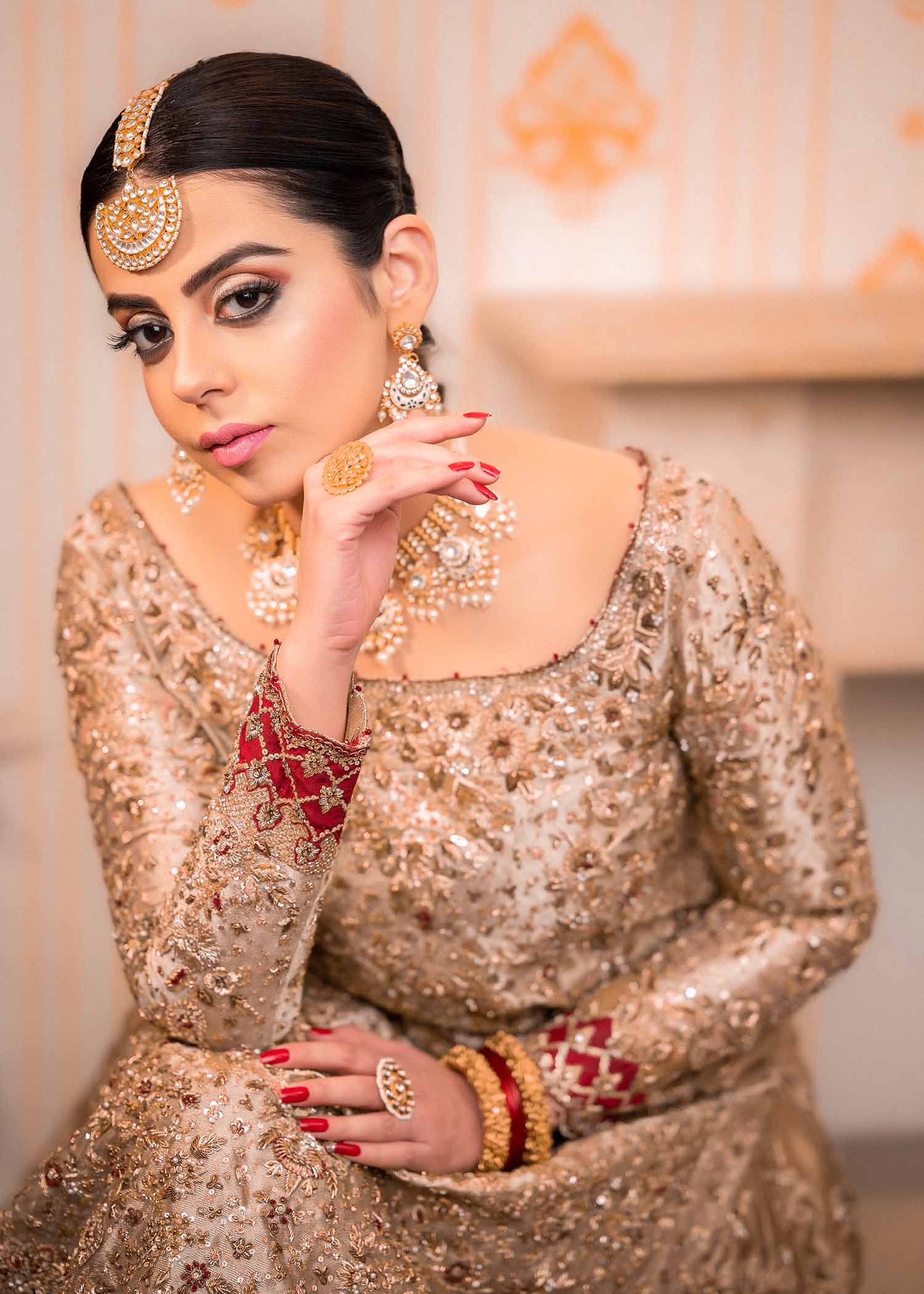 Pakistani Champagne Gold Embellished Net Bridal Gown (2-Piece) - Image 7