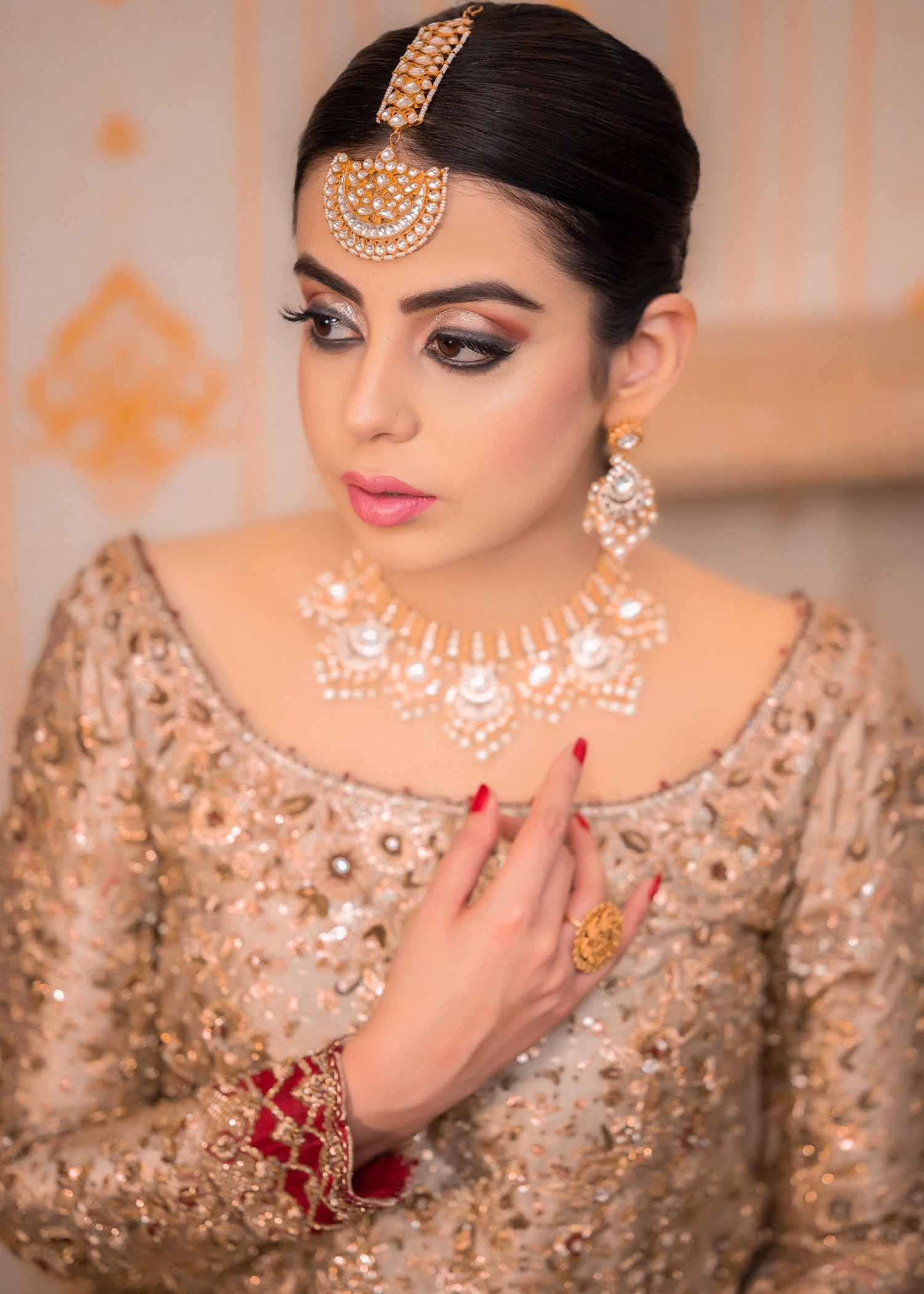 Pakistani Champagne Gold Embellished Net Bridal Gown (2-Piece) - Image 8