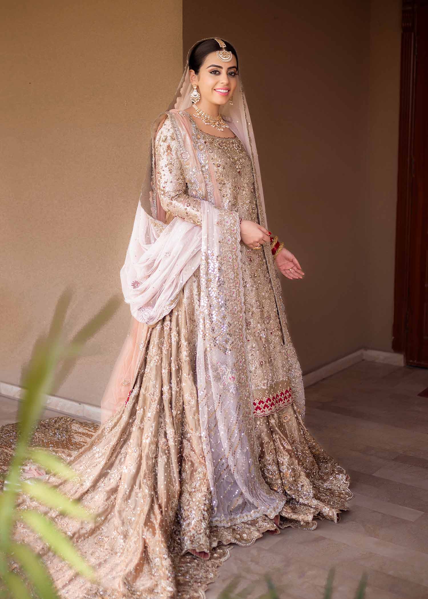 Pakistani Champagne Gold Embellished Net Bridal Gown (2-Piece) - Image 9