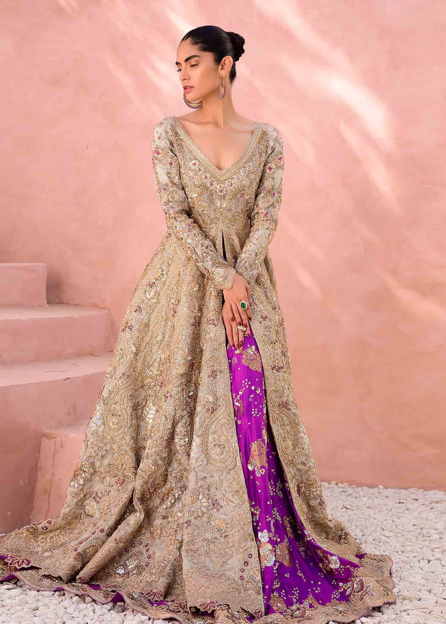 Pakistani Gold Embellished Net Bridal Gown (3-Piece) - Image 1