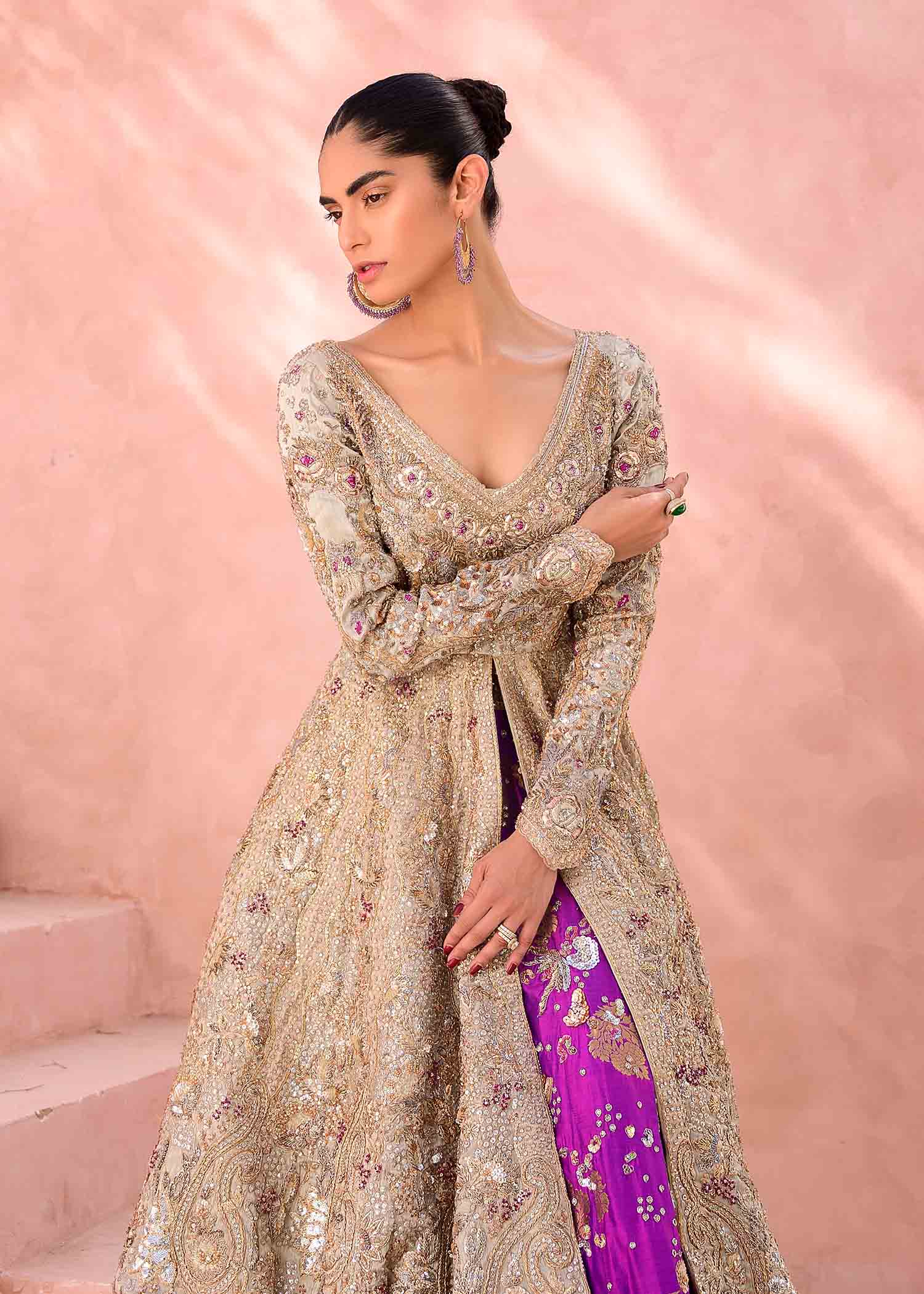 Pakistani Gold Embellished Net Bridal Gown (3-Piece) - Image 5