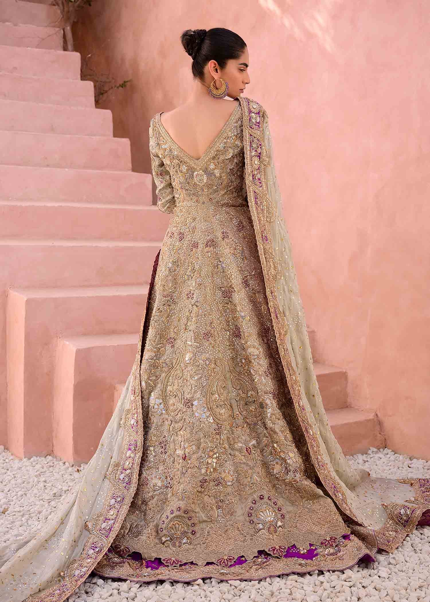 Pakistani Gold Embellished Net Bridal Gown (3-Piece) - Image 7