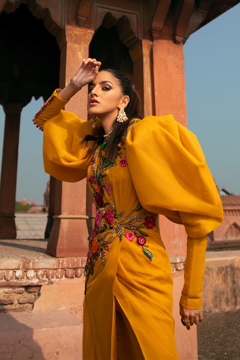 Mustard Gold Zardozi Pure Silk Two-Tier Gown (2-Piece) - Image 2