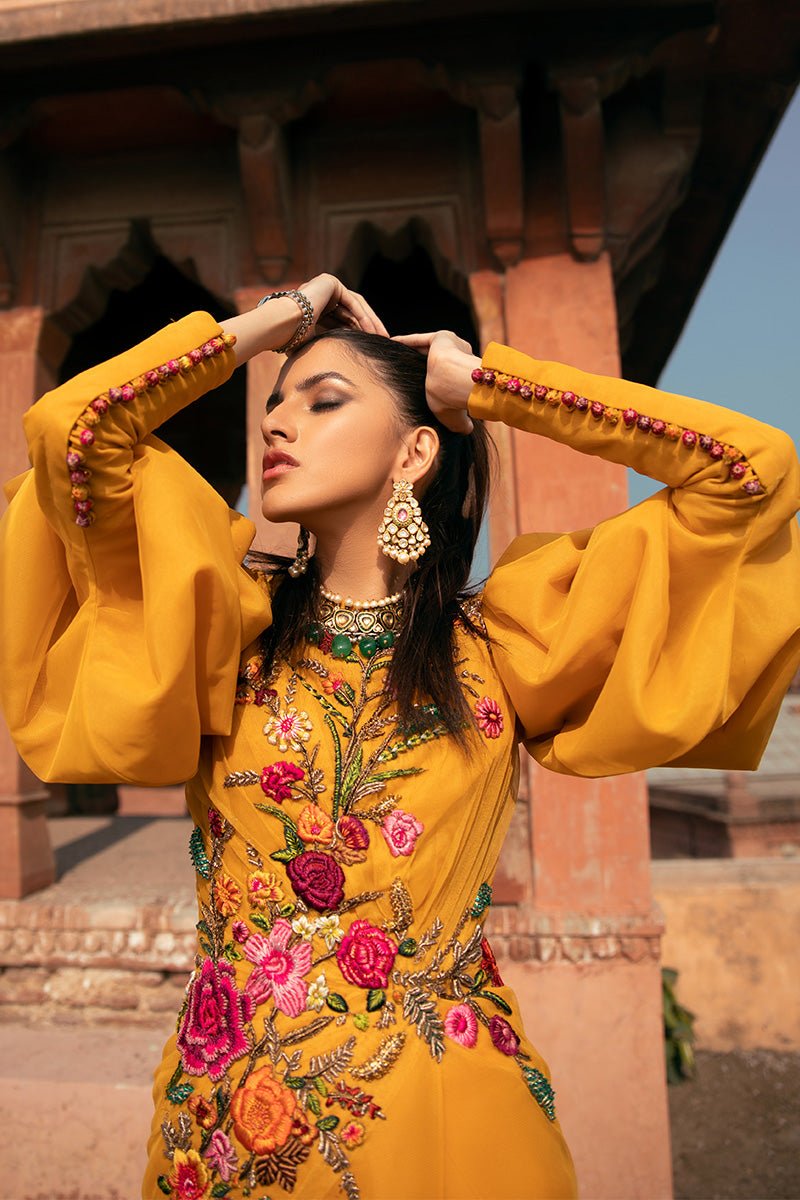 Mustard Gold Zardozi Pure Silk Two-Tier Gown (2-Piece) - Image 3