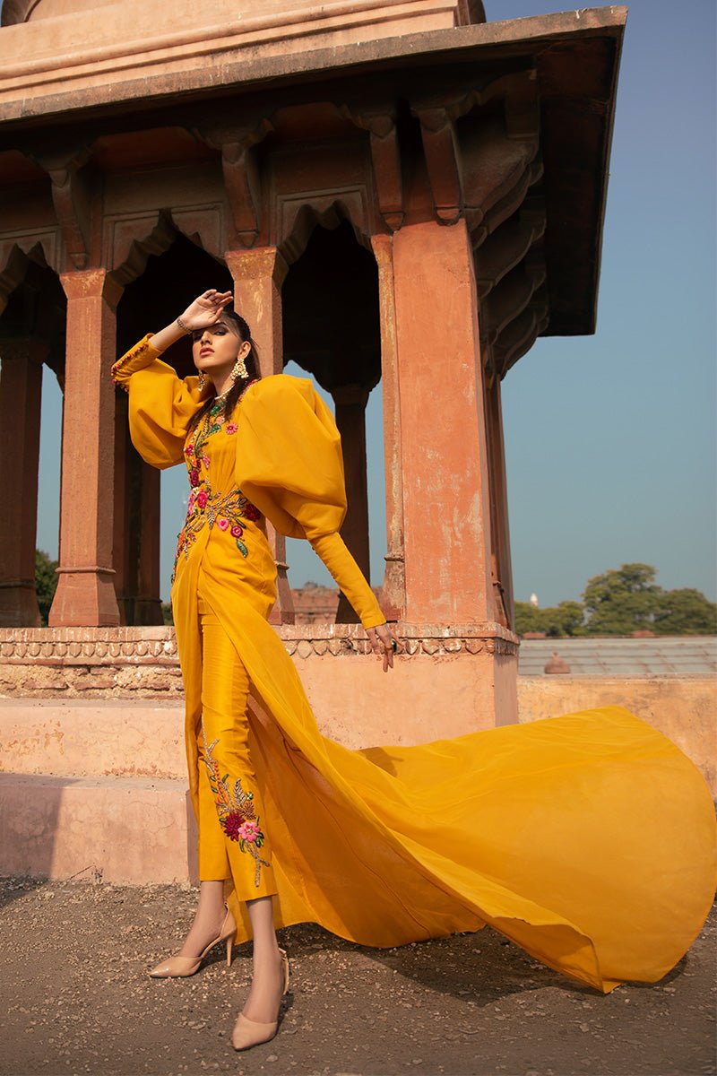 Mustard Gold Zardozi Pure Silk Two-Tier Gown (2-Piece) - Image 4