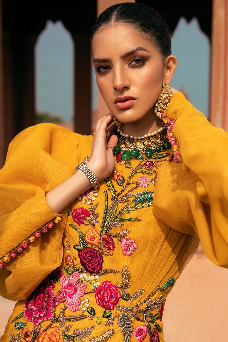 Mustard Gold Zardozi Pure Silk Two-Tier Gown (2-Piece) - Image 5