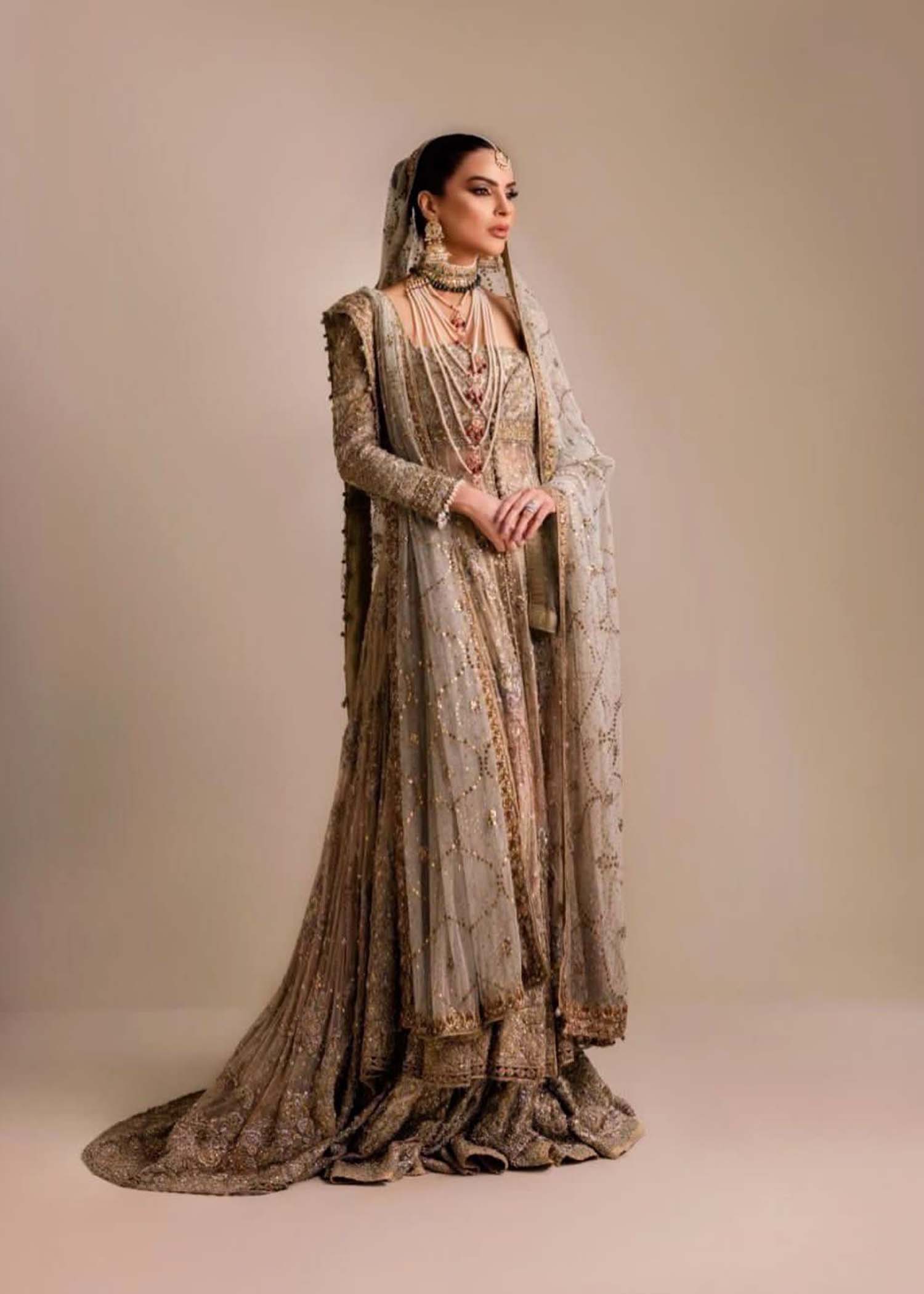 Pakistani Antique Gold Embellished Silk-Blend Bridal Gown (2-Piece) - Image 1