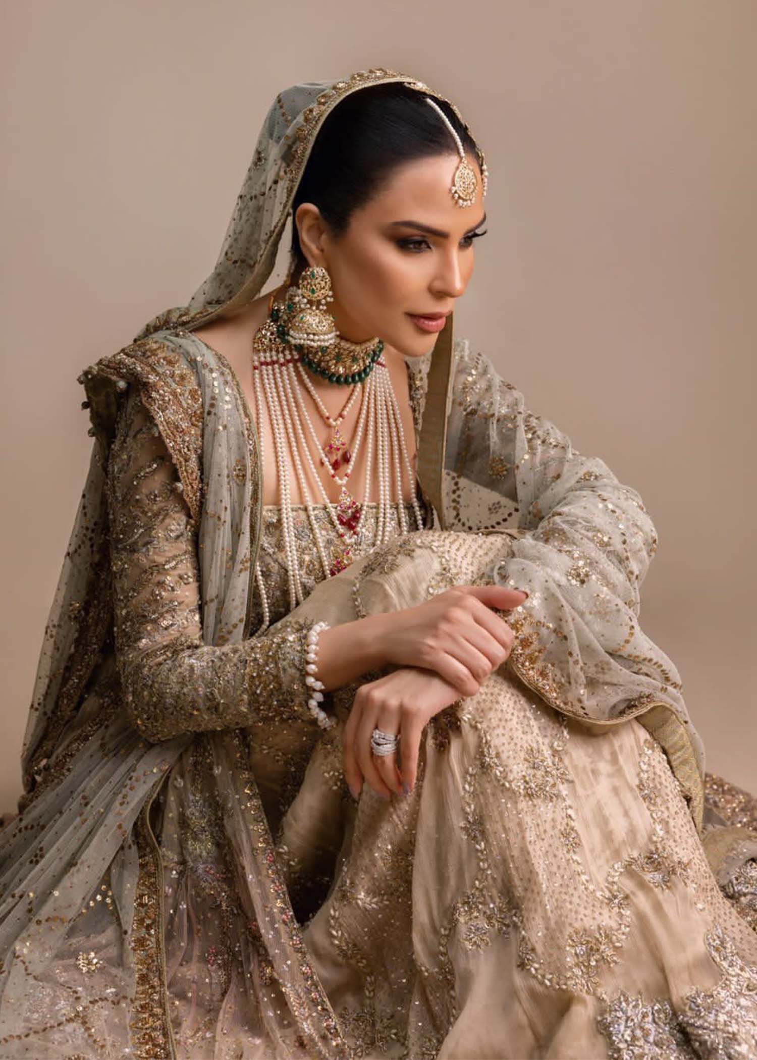 Pakistani Antique Gold Embellished Silk-Blend Bridal Gown (2-Piece) - Image 2