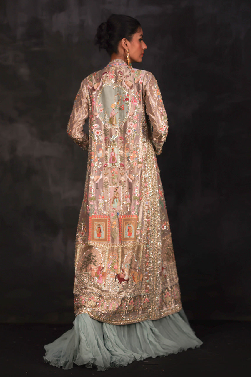 Rose Gold Zardozi Silk Jacket with Sage Chiffon Dress (2-Piece) - Image 2