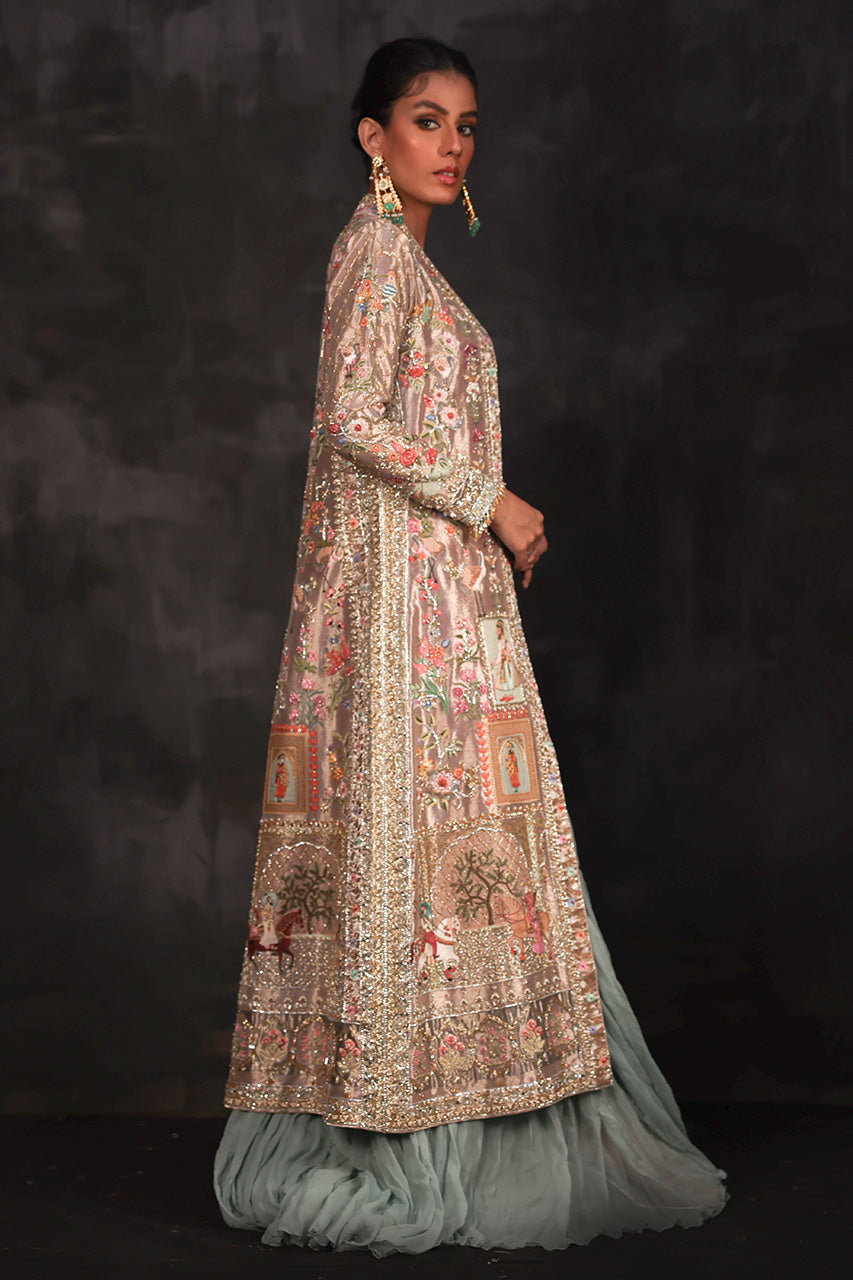 Rose Gold Zardozi Silk Jacket with Sage Chiffon Dress (2-Piece) - Image 3