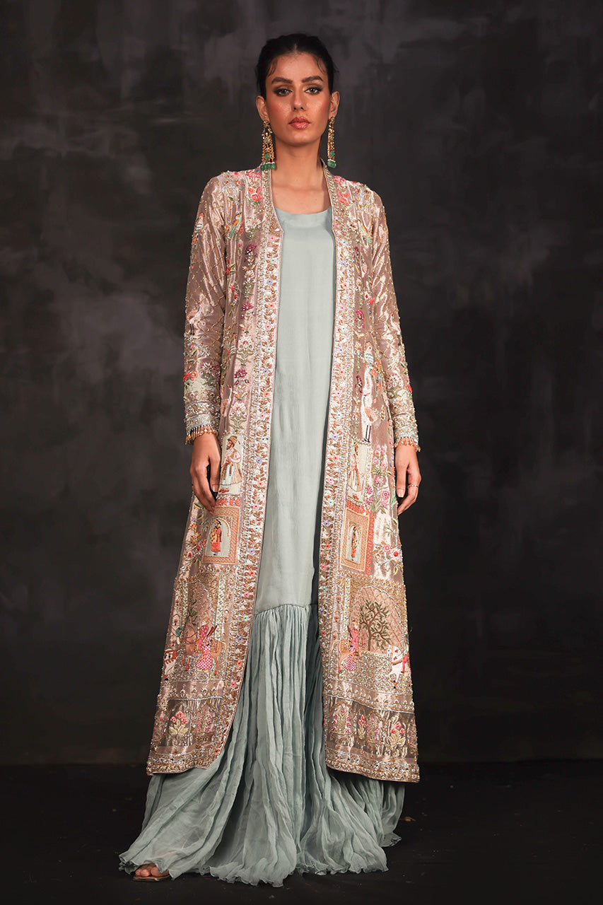 Rose Gold Zardozi Silk Jacket with Sage Chiffon Dress (2-Piece) - Image 4
