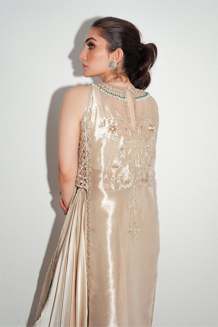 Champagne Gold Zardozi Tissue Charmeuse Bridal Gown (3-Piece) - Image 2