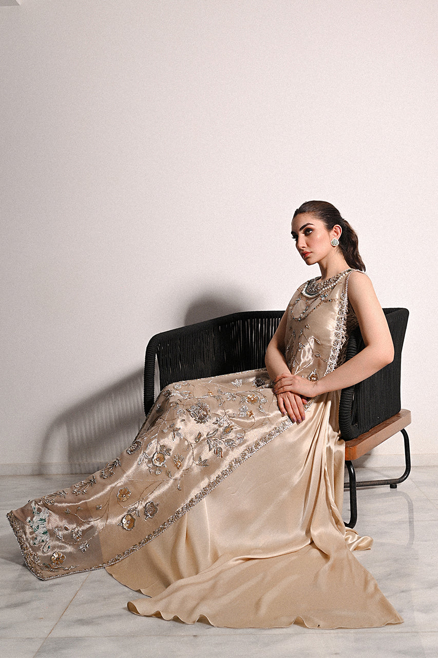 Champagne Gold Zardozi Tissue Charmeuse Bridal Gown (3-Piece) - Image 4