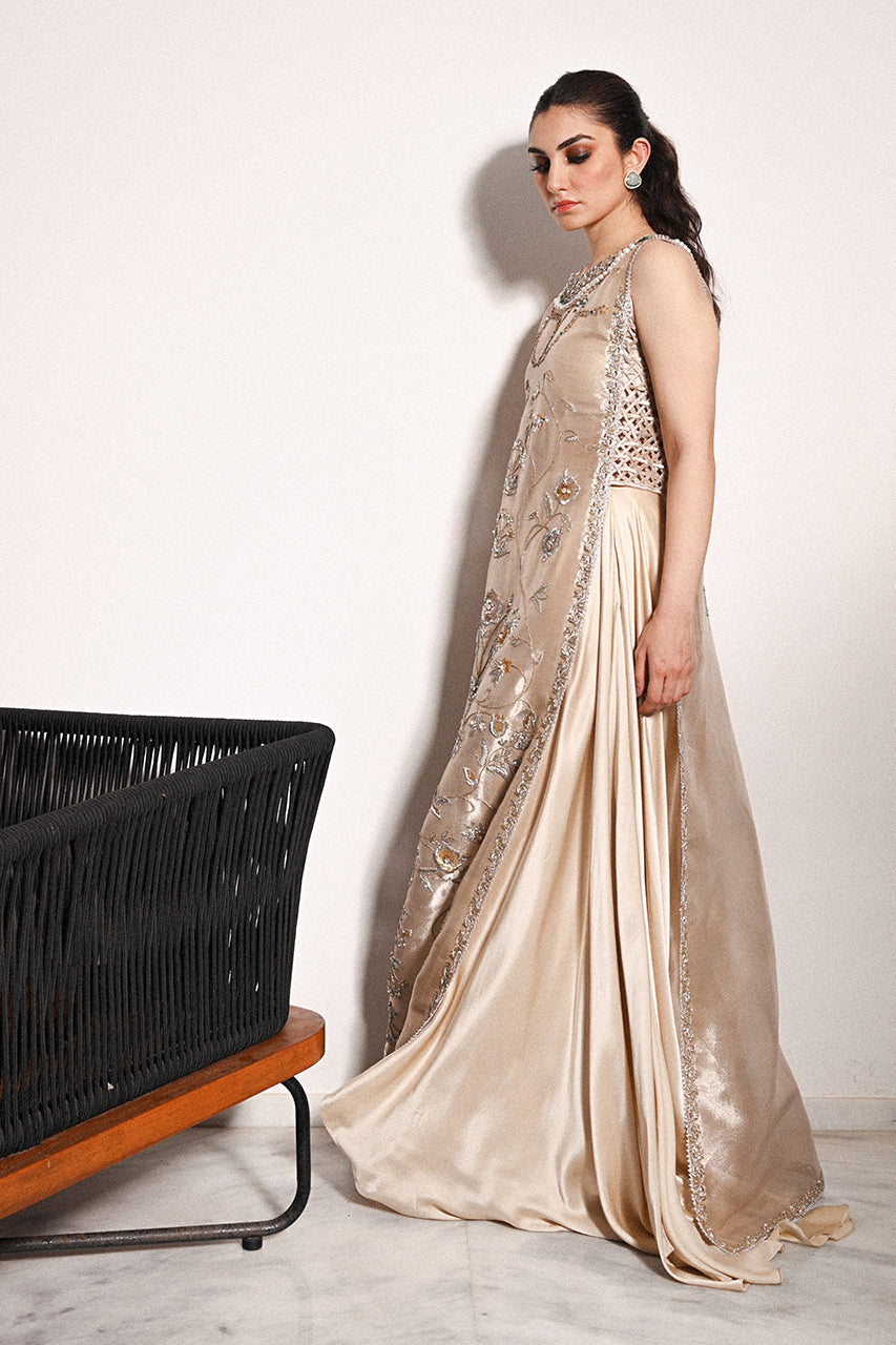 Champagne Gold Zardozi Tissue Charmeuse Bridal Gown (3-Piece) - Image 5