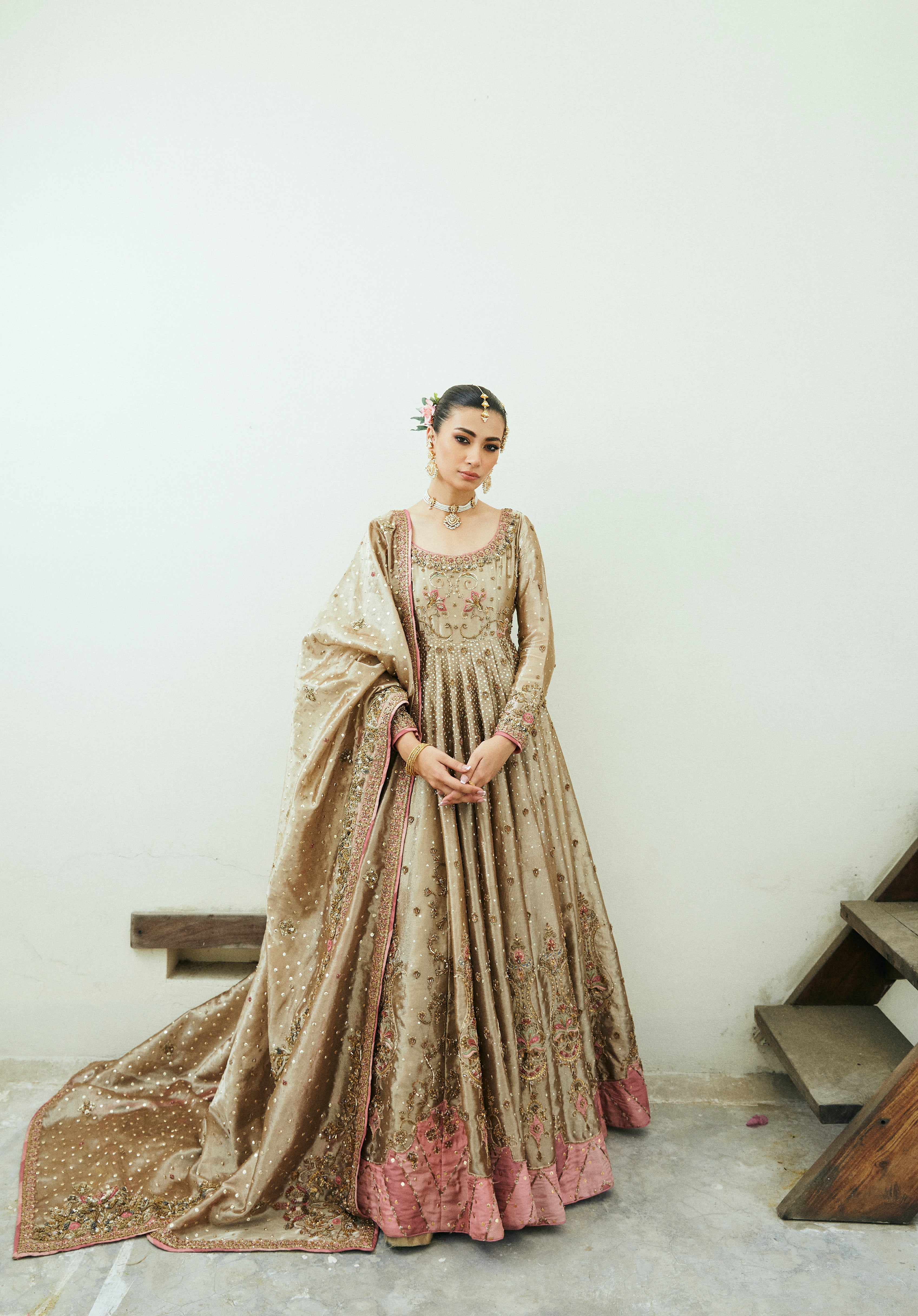 Gold Embellished Tissue Bridal Gown (2-Piece) - Image 2