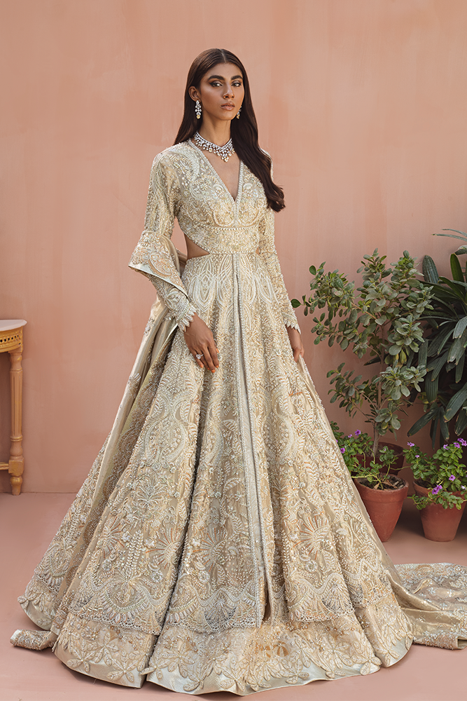Pakistani Gold Embroidered Tissue Gown with Jamawar Lehenga (2-Piece) - Image 3