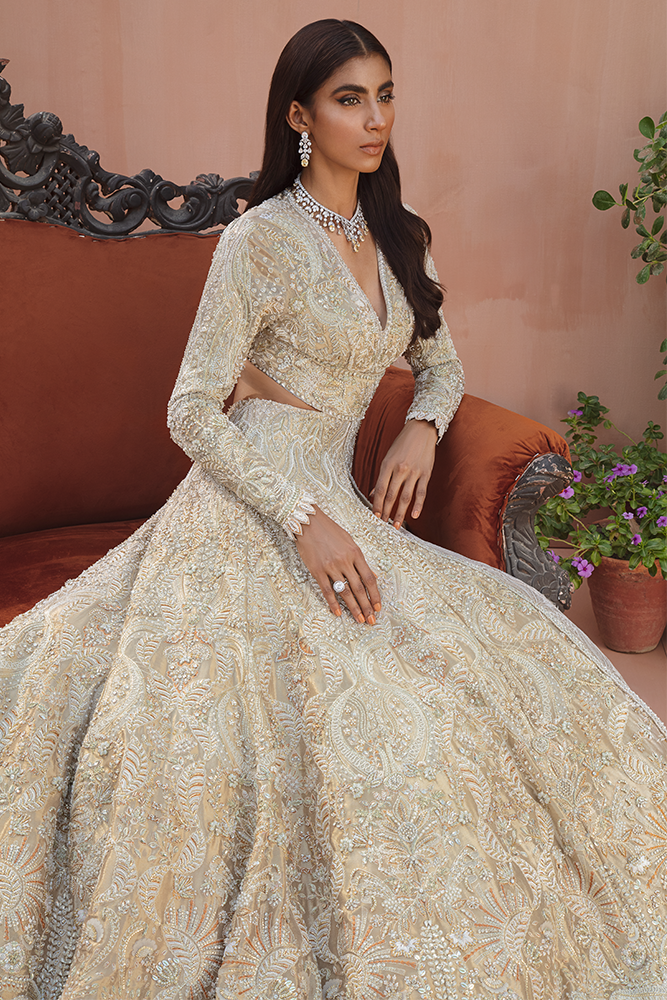 Pakistani Gold Embroidered Tissue Gown with Jamawar Lehenga (2-Piece) - Image 4