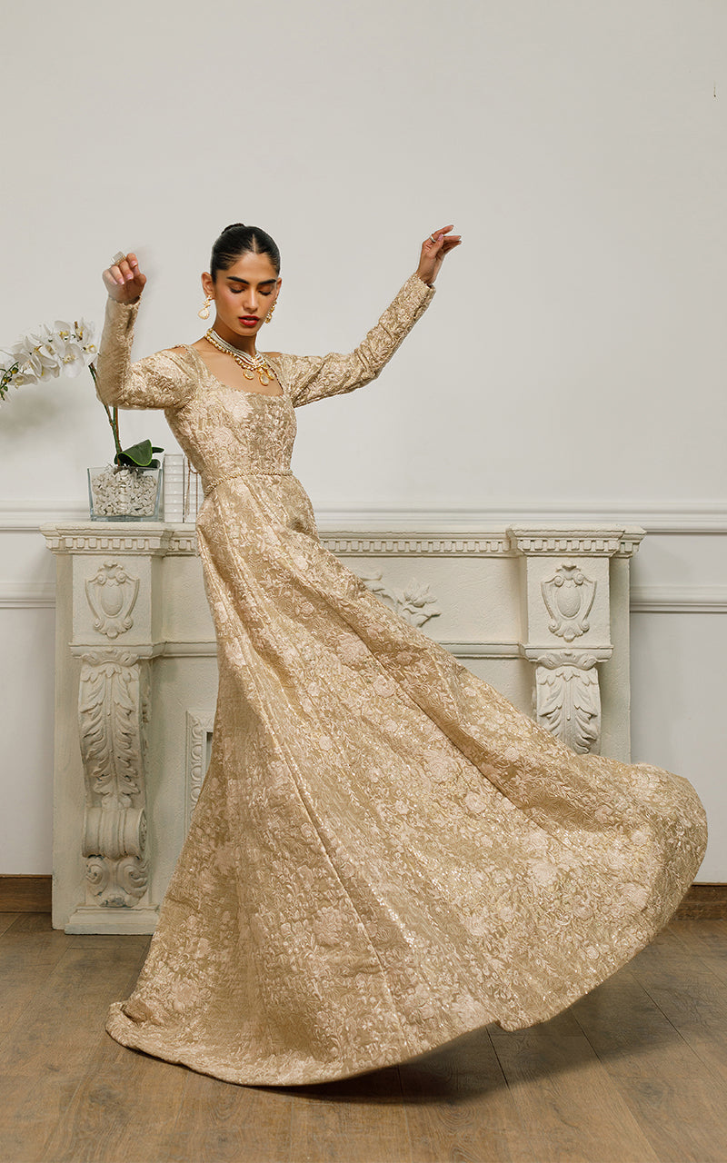 Gold Thread and Zari Embroidered Tissue Maxi (1-Pc) - Image 1