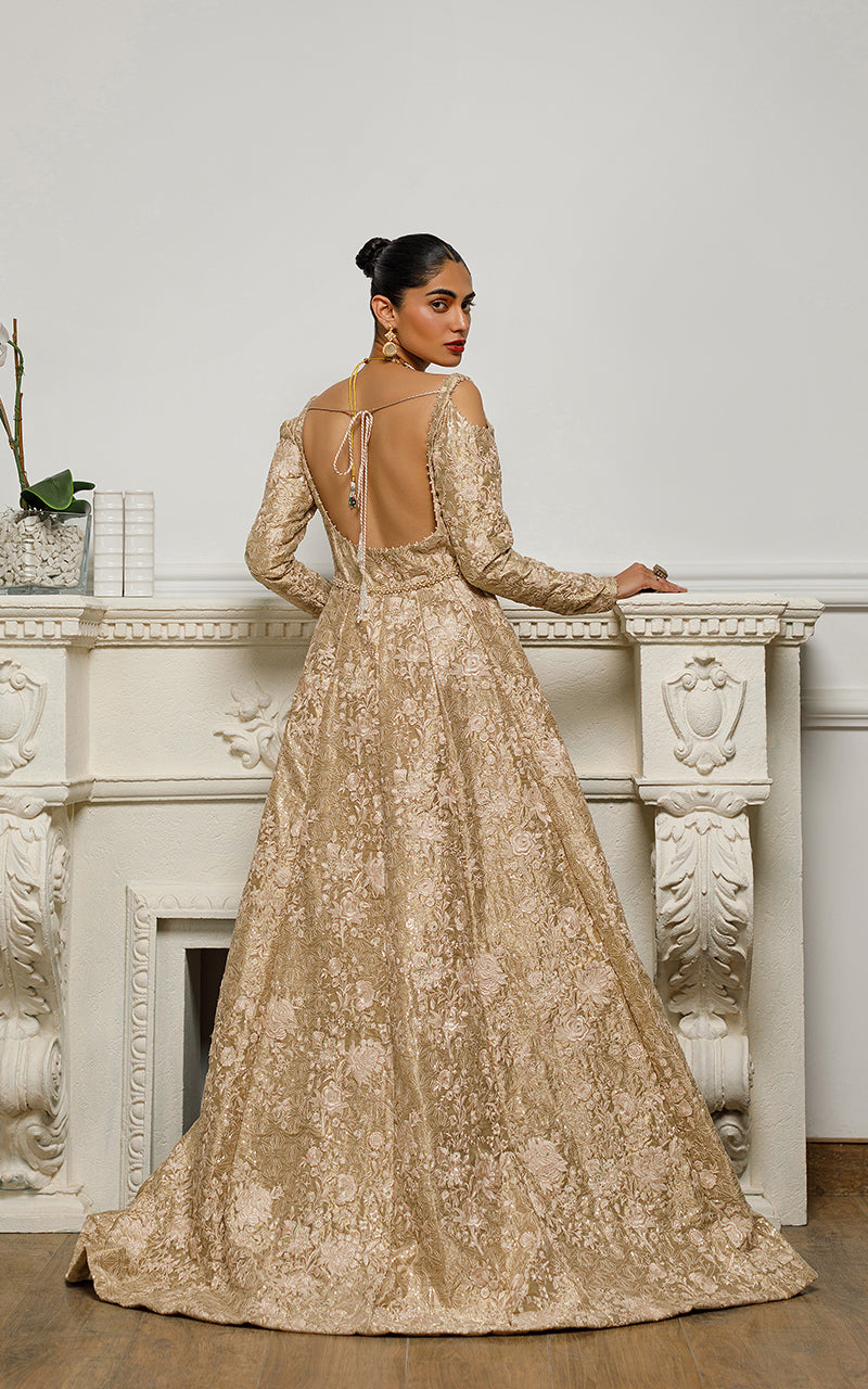 Gold Thread and Zari Embroidered Tissue Maxi (1-Pc) - Image 3