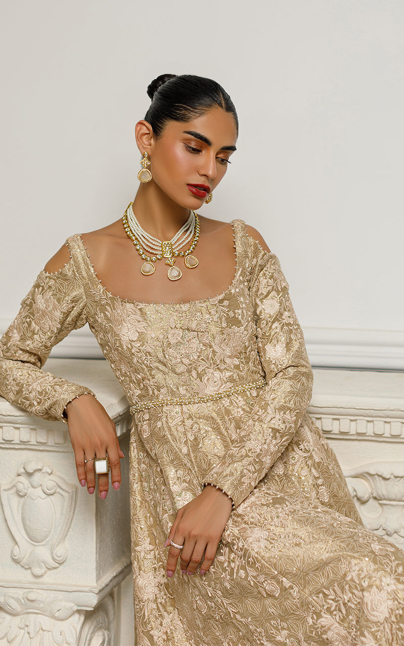 Gold Thread and Zari Embroidered Tissue Maxi (1-Pc) - Image 4