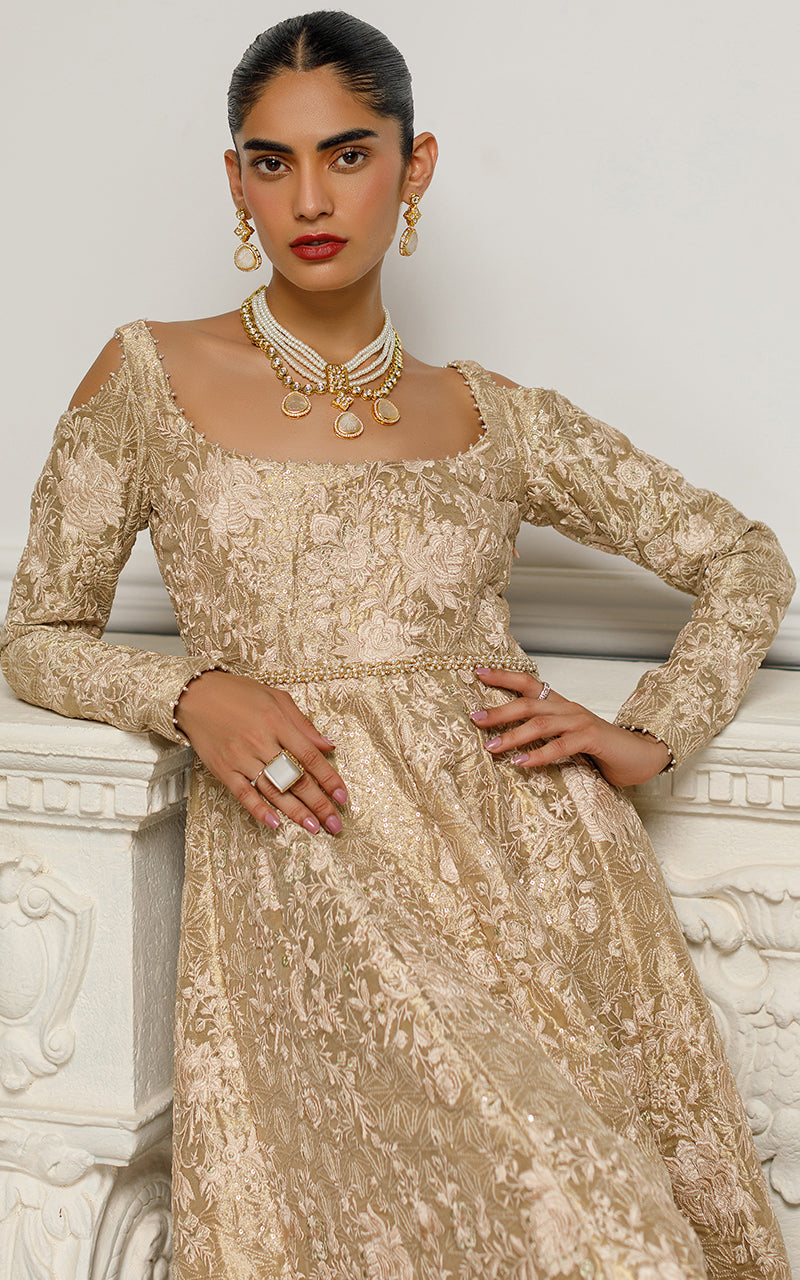 Gold Thread and Zari Embroidered Tissue Maxi (1-Pc) - Image 5