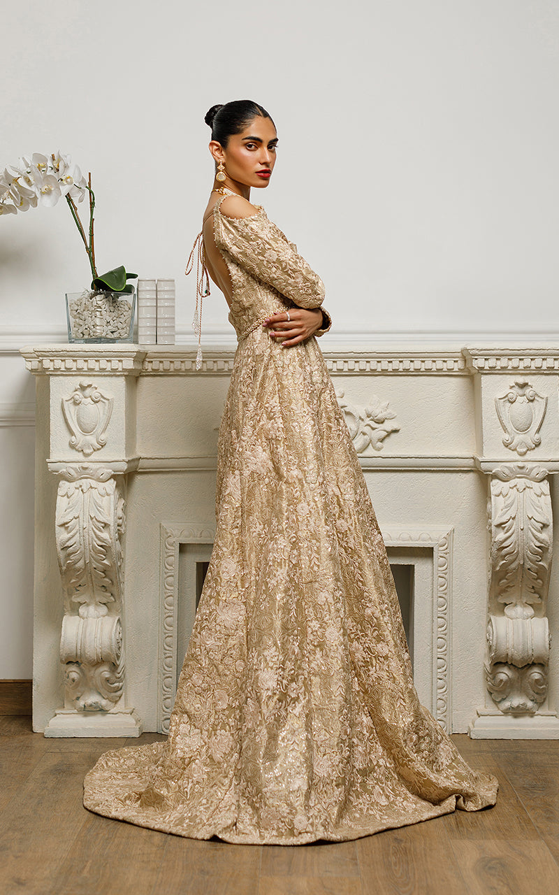 Gold Thread and Zari Embroidered Tissue Maxi (1-Pc) - Image 6