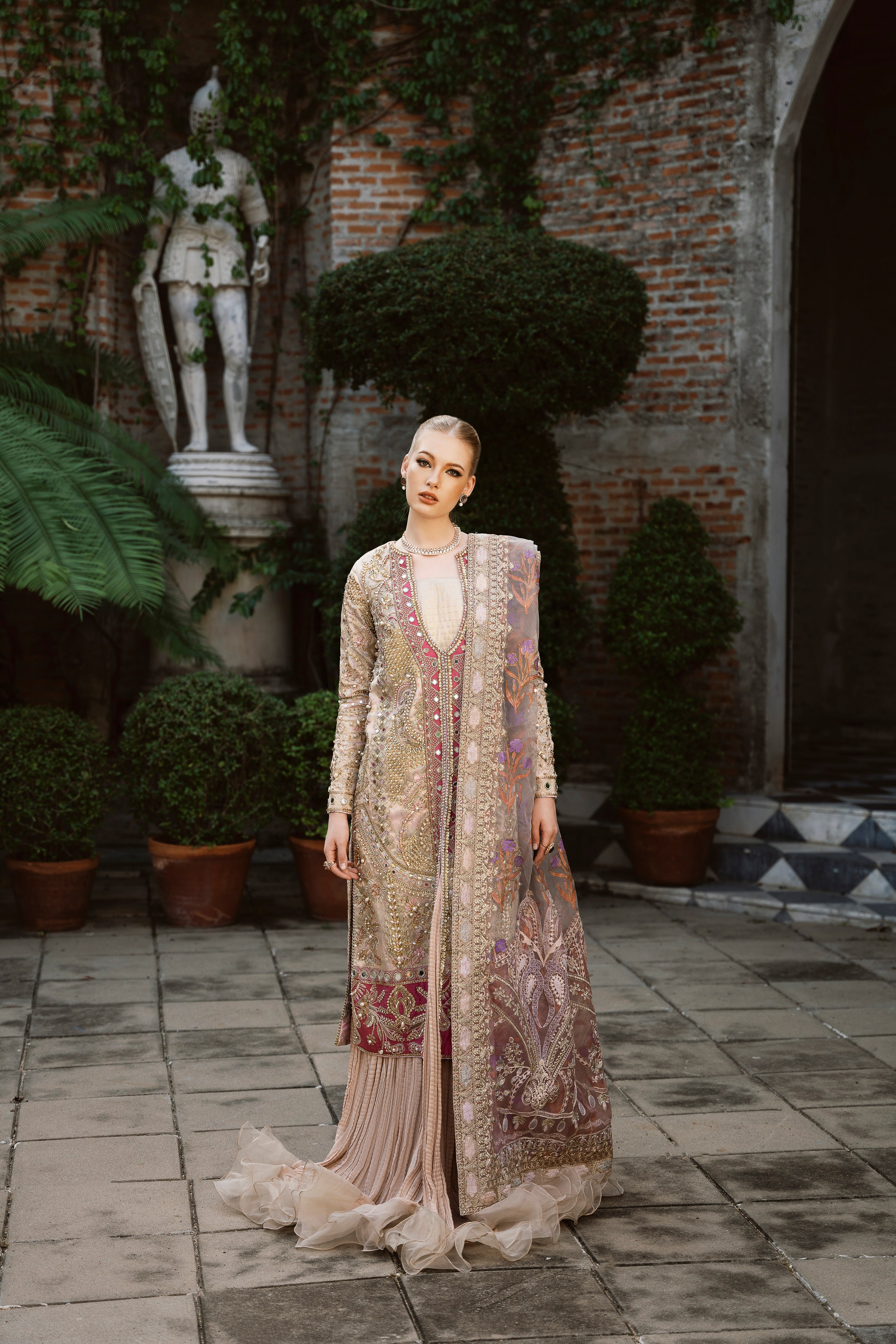 Pakistani Dust Gold Embellished Tissue Gown with Long Jacket (3-Piece) - Image 1