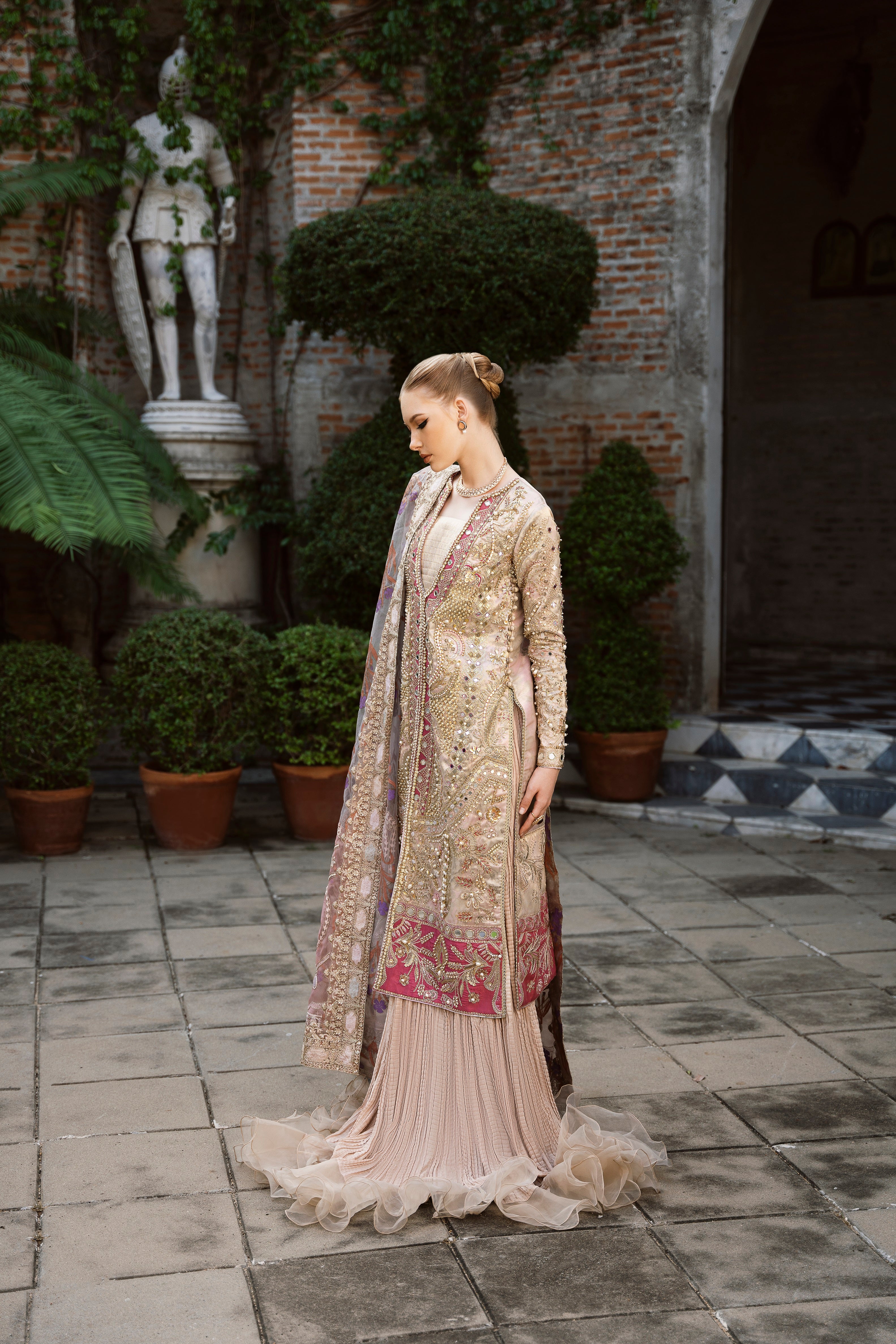 Pakistani Dust Gold Embellished Tissue Gown with Long Jacket (3-Piece) - Image 2