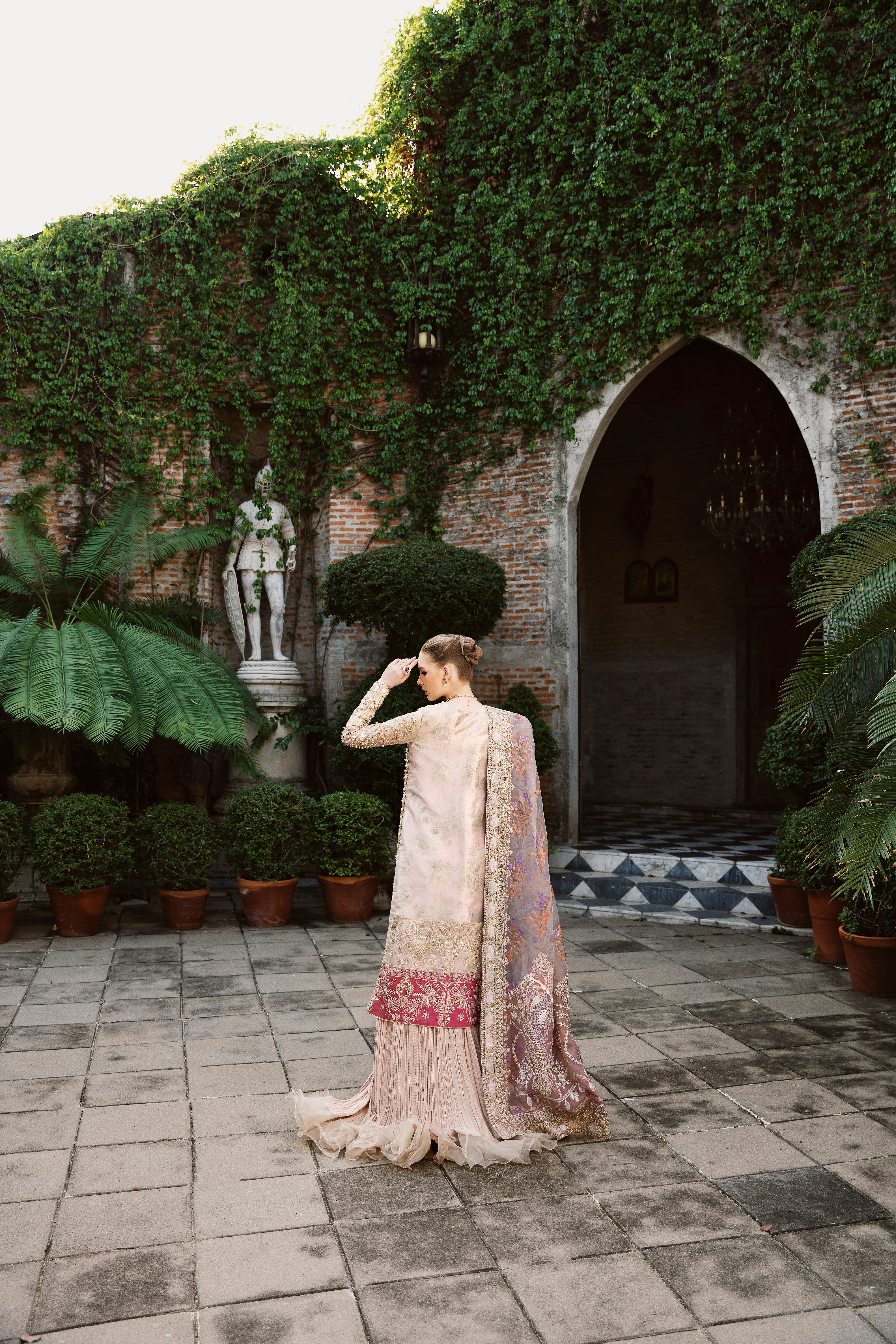 Pakistani Dust Gold Embellished Tissue Gown with Long Jacket (3-Piece) - Image 3