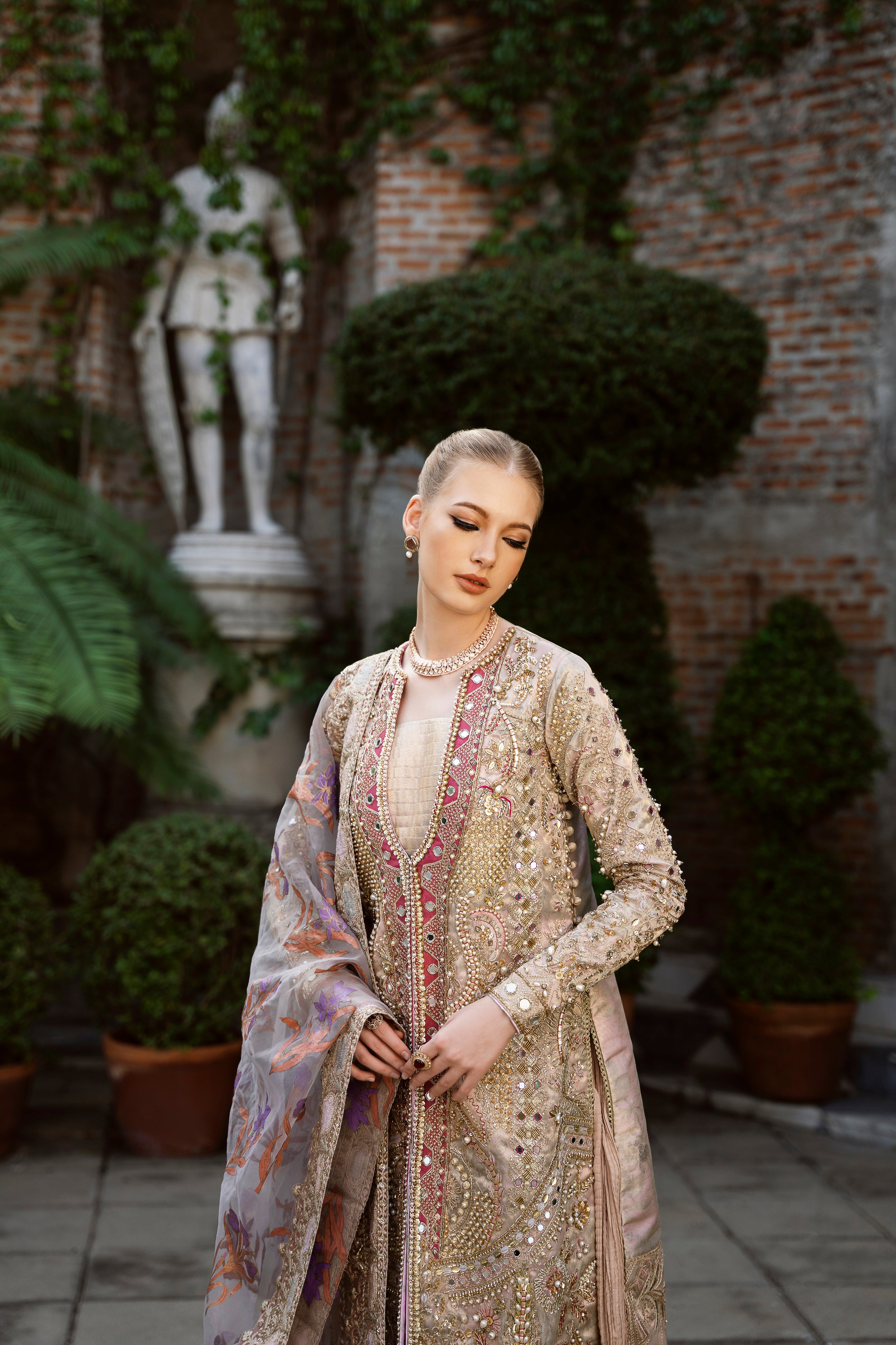 Pakistani Dust Gold Embellished Tissue Gown with Long Jacket (3-Piece) - Image 4